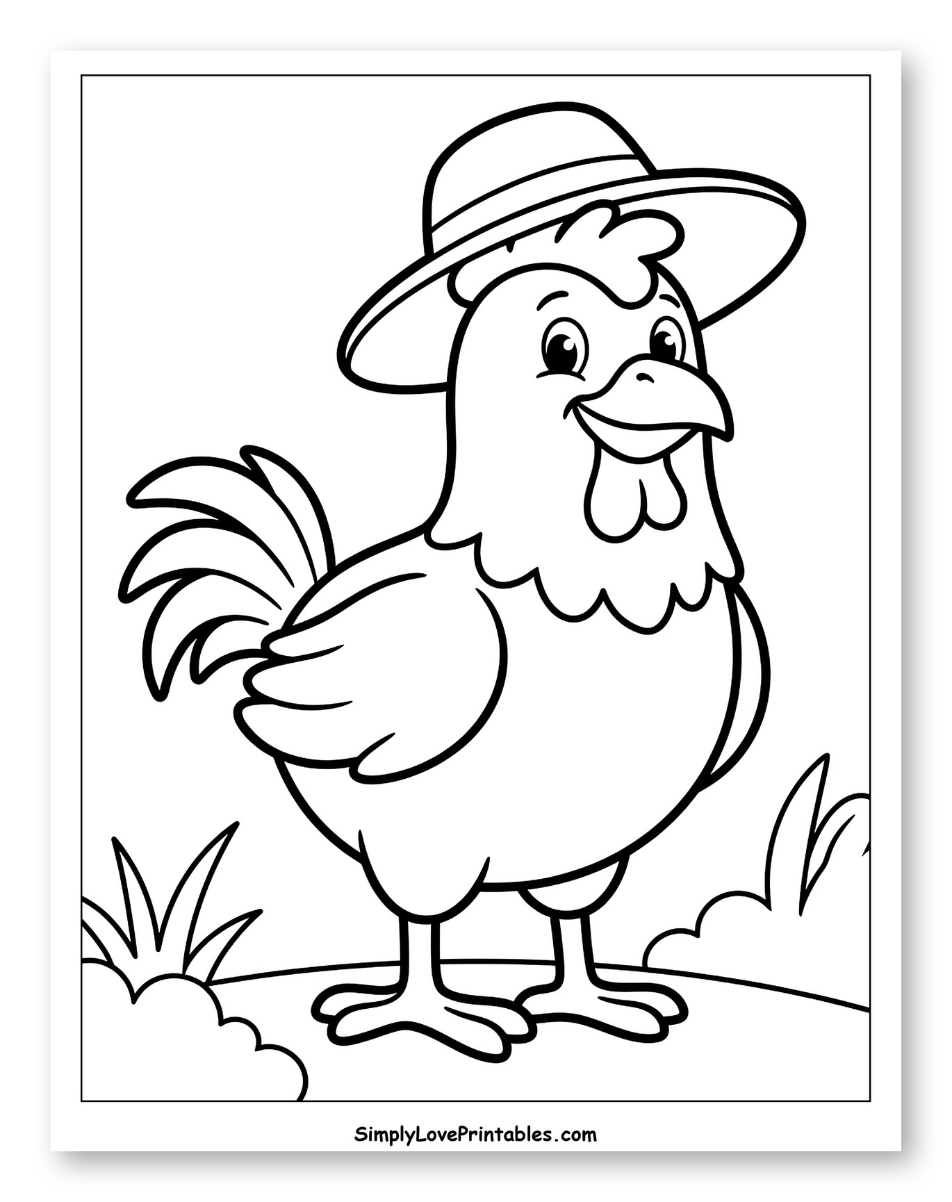 Smiling Rooster in a Sun Hat Coloring Sheet for Toddlers