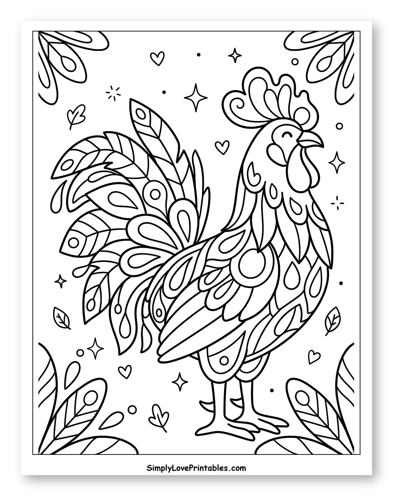 Smiling Rooster with Whimsical Feathers Coloring Sheet for Adults