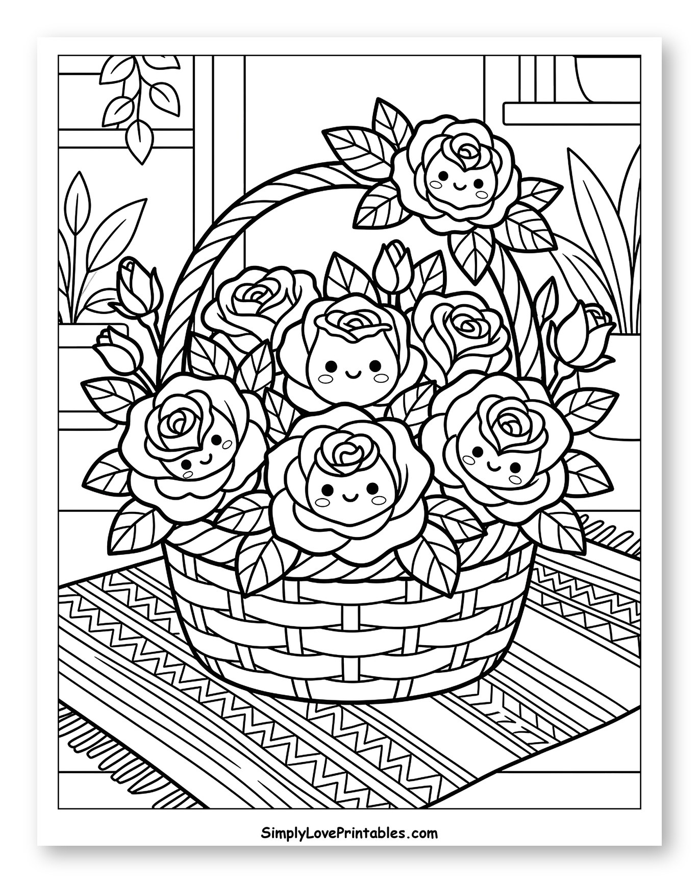 Smiling Roses in a Woven Basket to Color for Kids