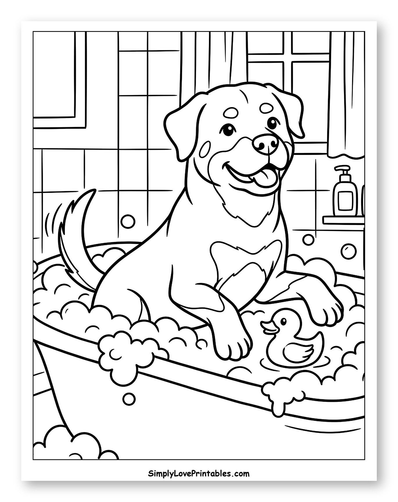 Smiling Rottweiler in a Bubbly Bathtub Coloring Sheet for Kids