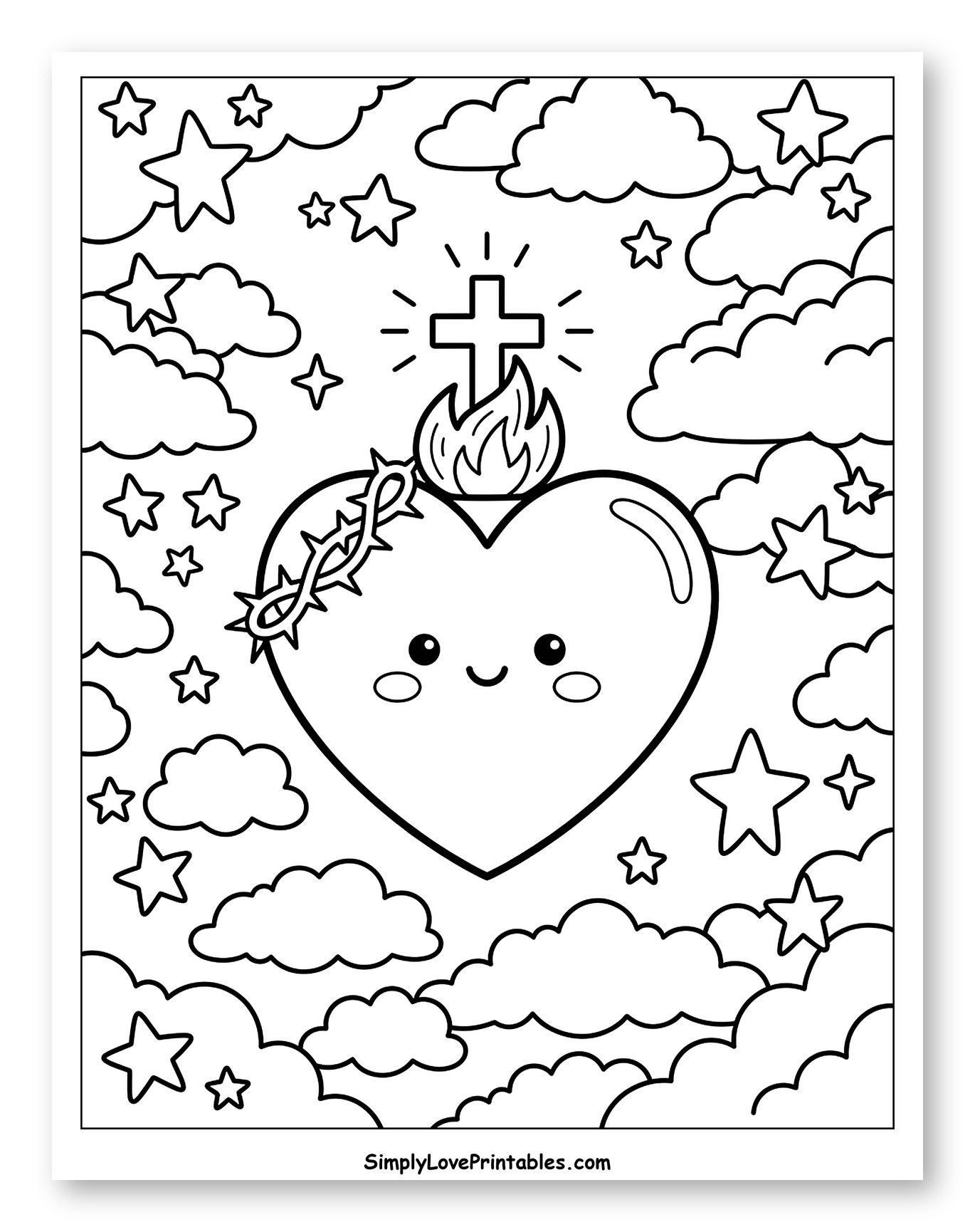 Smiling Sacred Heart Among Stars and Clouds Coloring Page for Kids