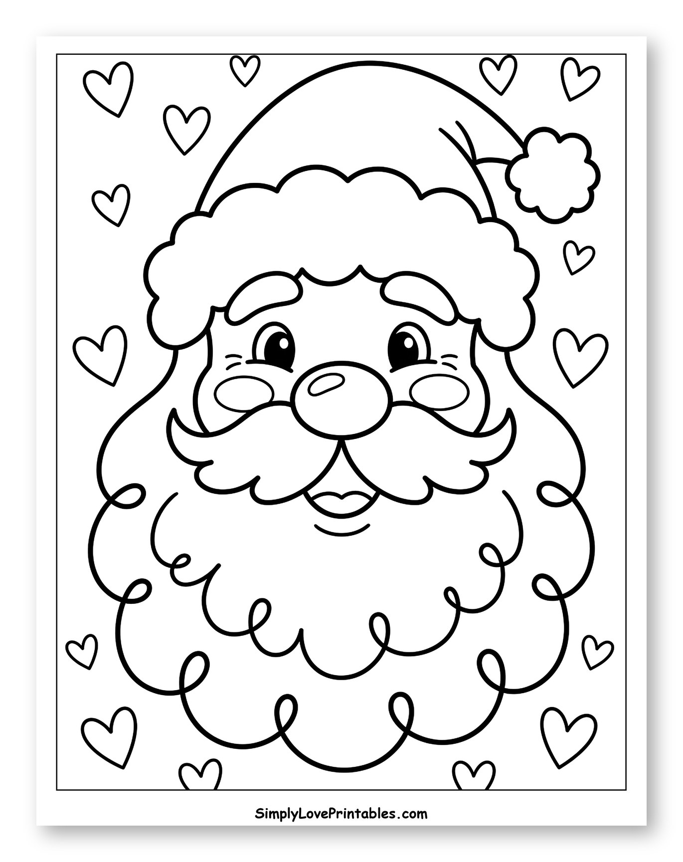 Smiling Santa Claus Surrounded by Hearts Coloring Page for Adults