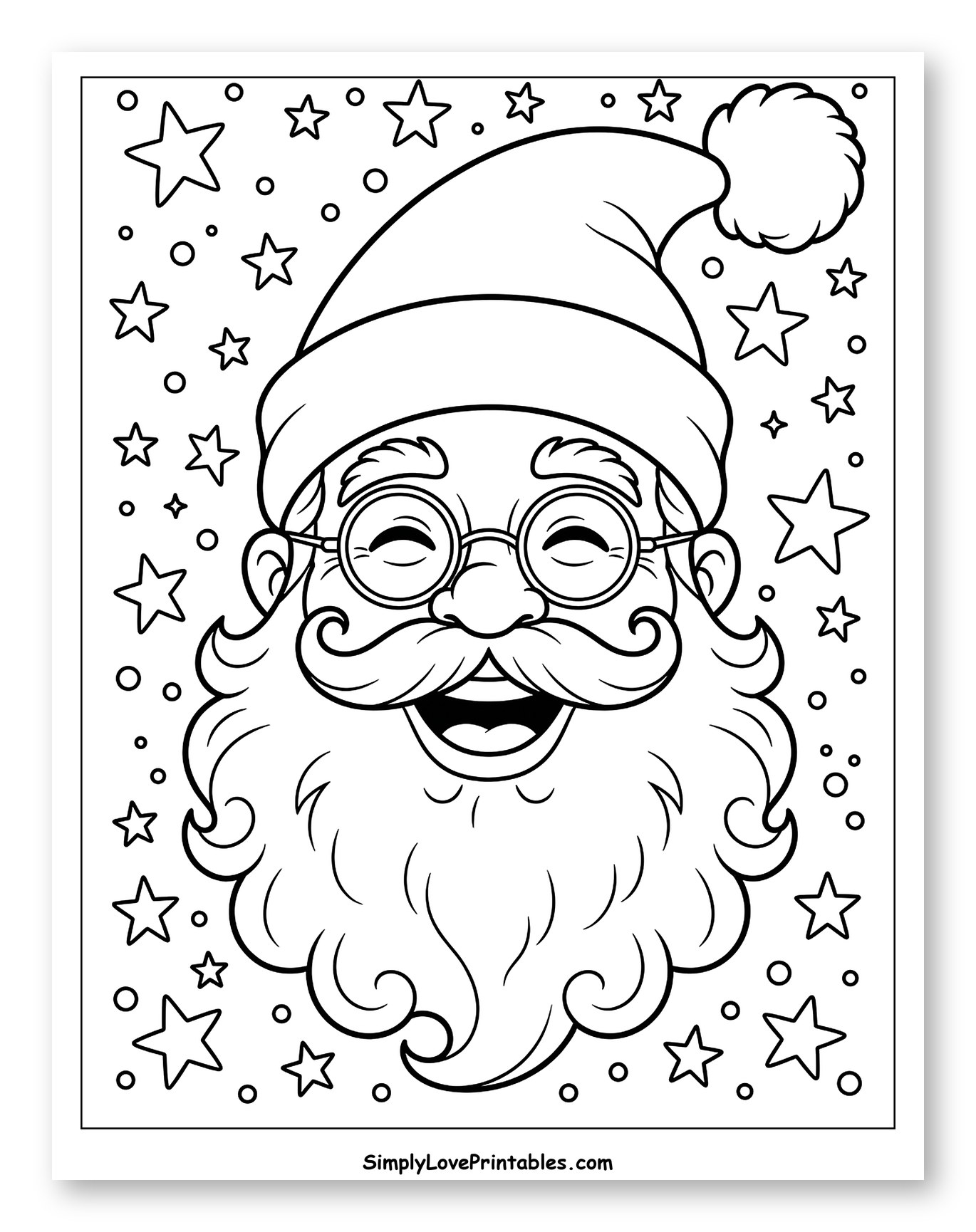 Smiling Santa Claus Wearing Glasses with Stars Coloring Page for Kids