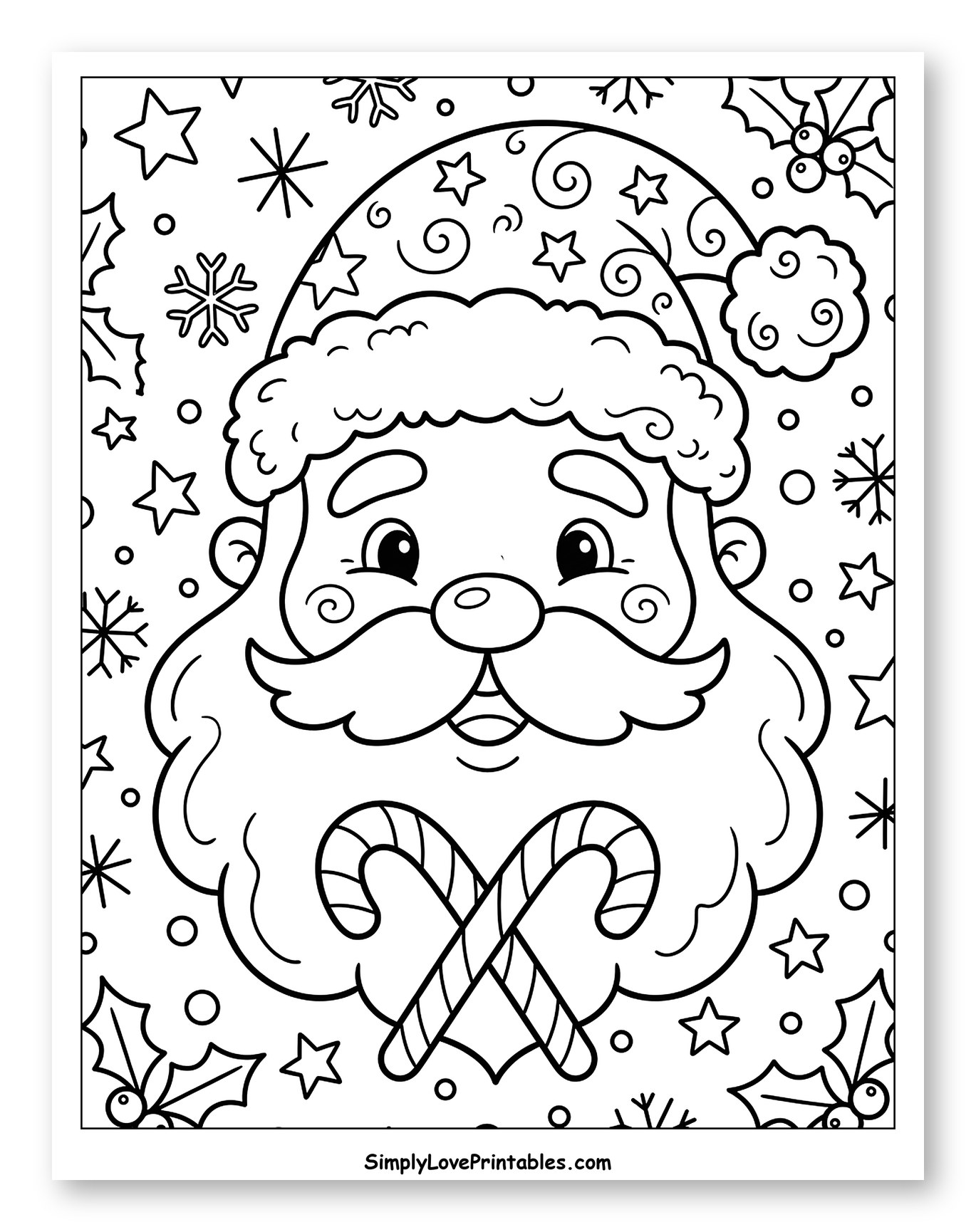 Smiling Santa Claus with Crossed Candy Canes to Color for Kids