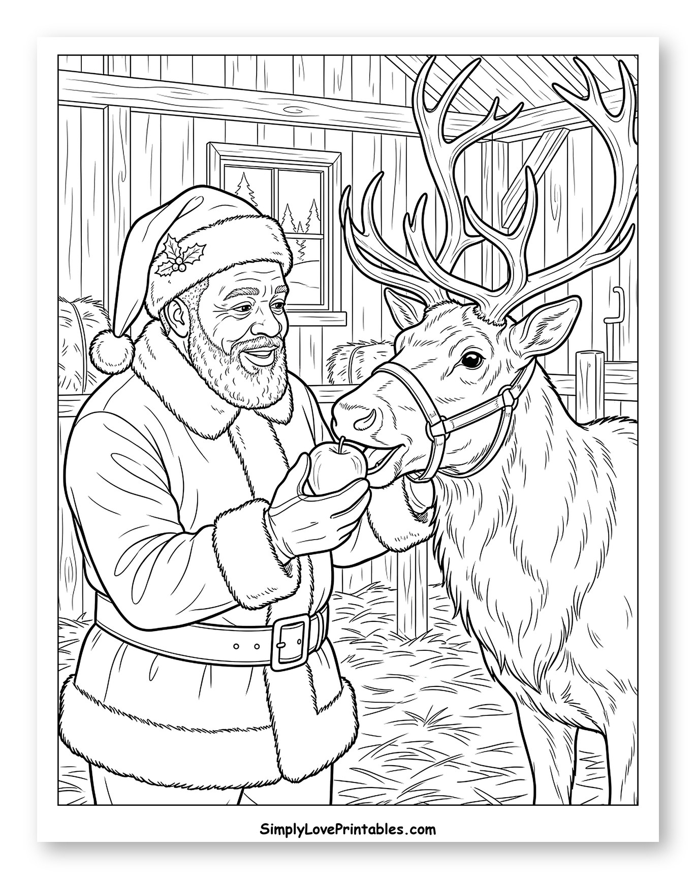 Smiling Santa Feeding an Apple to a Reindeer Coloring Page