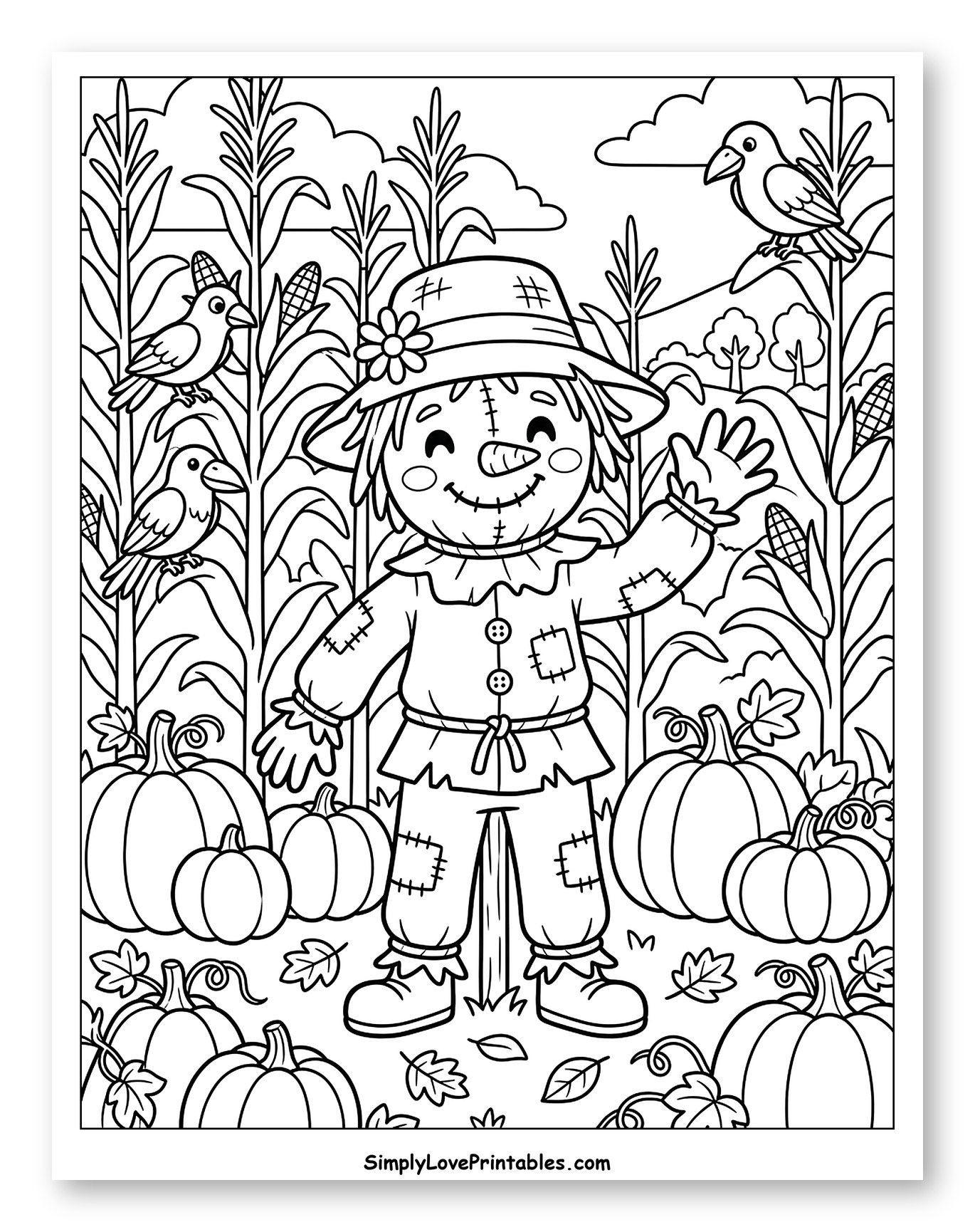 Smiling Scarecrow Guarding the Autumn Pumpkin Patch