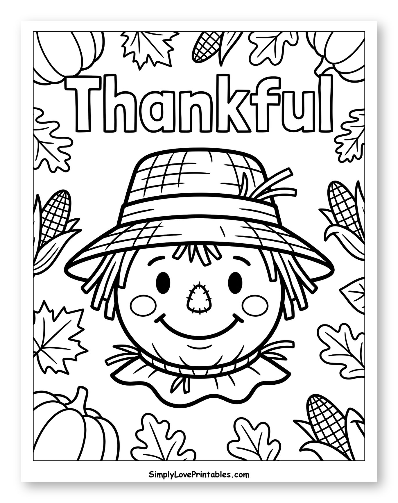 Smiling Scarecrow with Thankful Text and Autumn Harvest