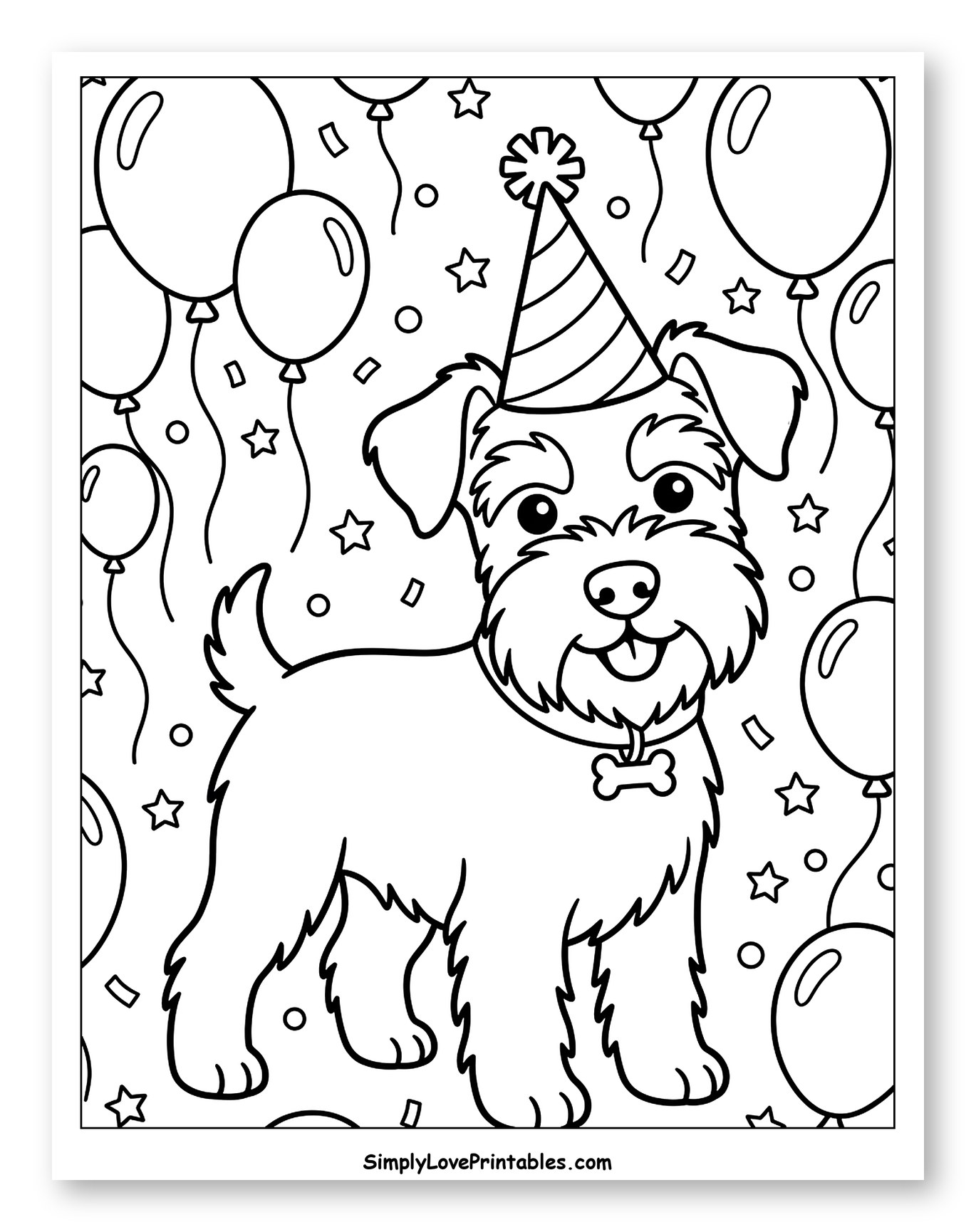 Smiling Schnauzer Dog Wearing a Party Hat Coloring Page for Kids