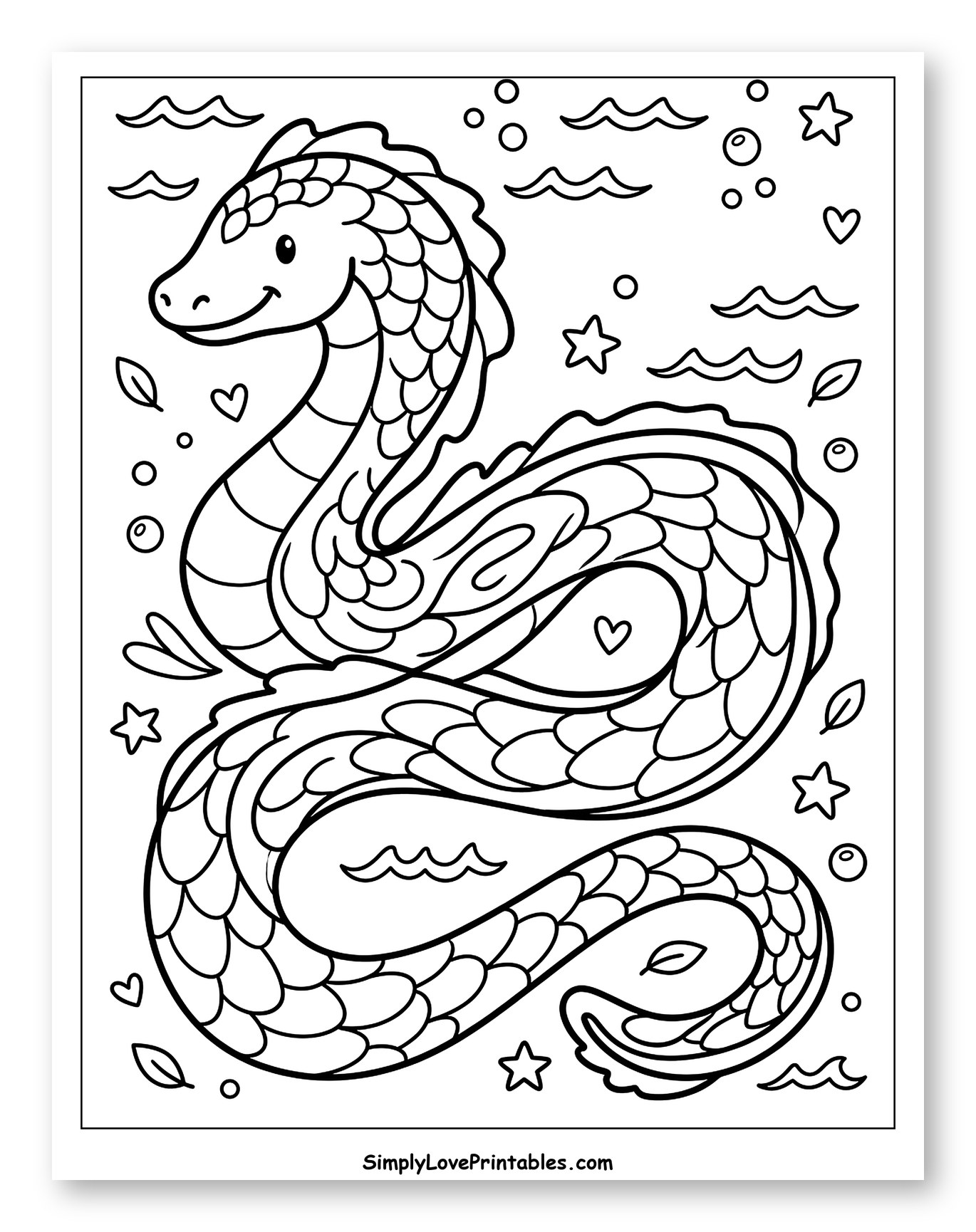 Smiling Sea Serpent Among Bubbles and Stars Coloring Page for Adults