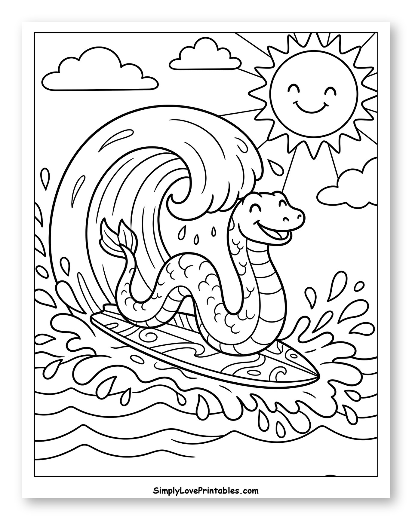 Smiling Sea Serpent Surfing on a Wave Coloring Page for Kids