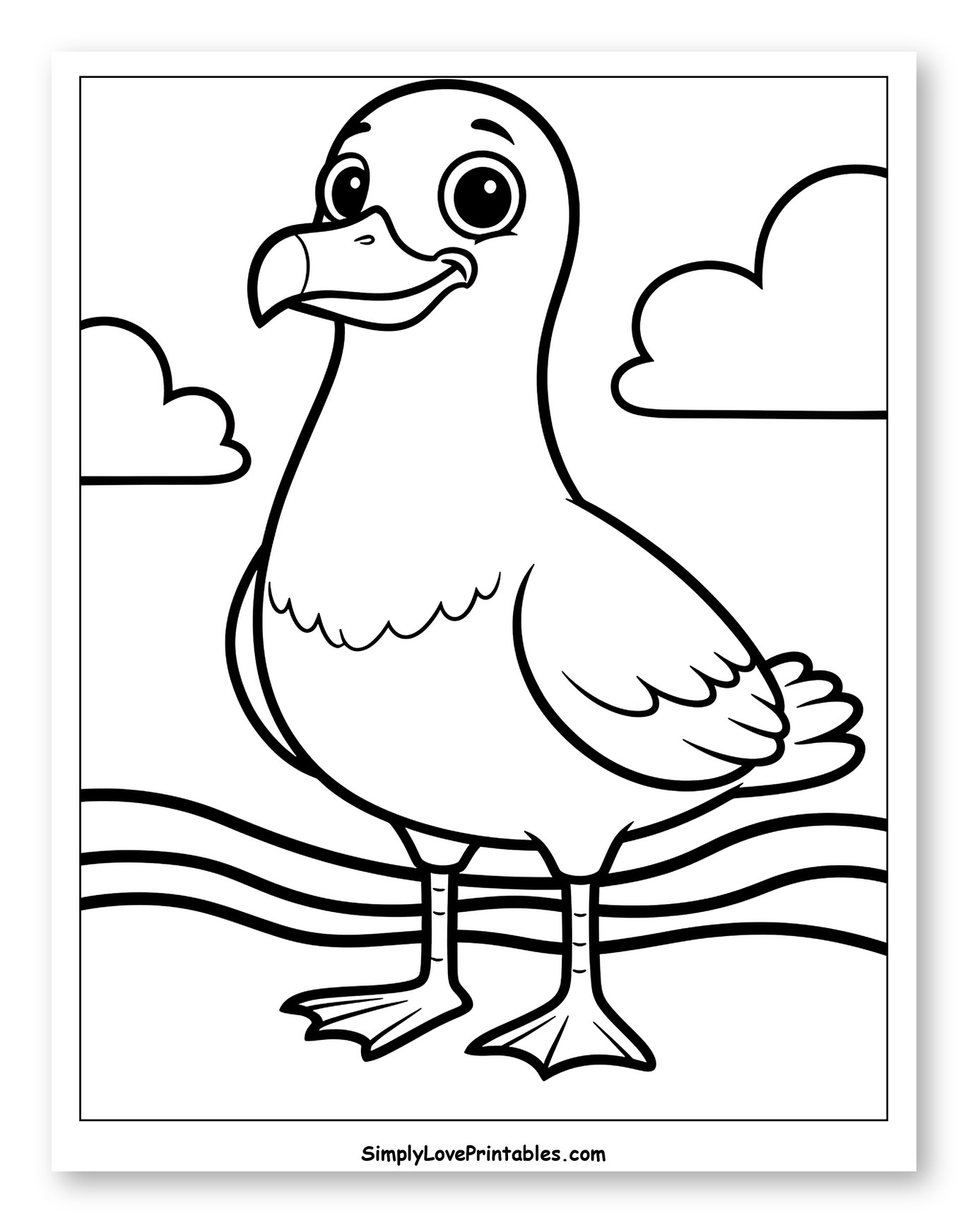 Smiling Seagull with Clouds and Waves Coloring Sheet for Toddlers
