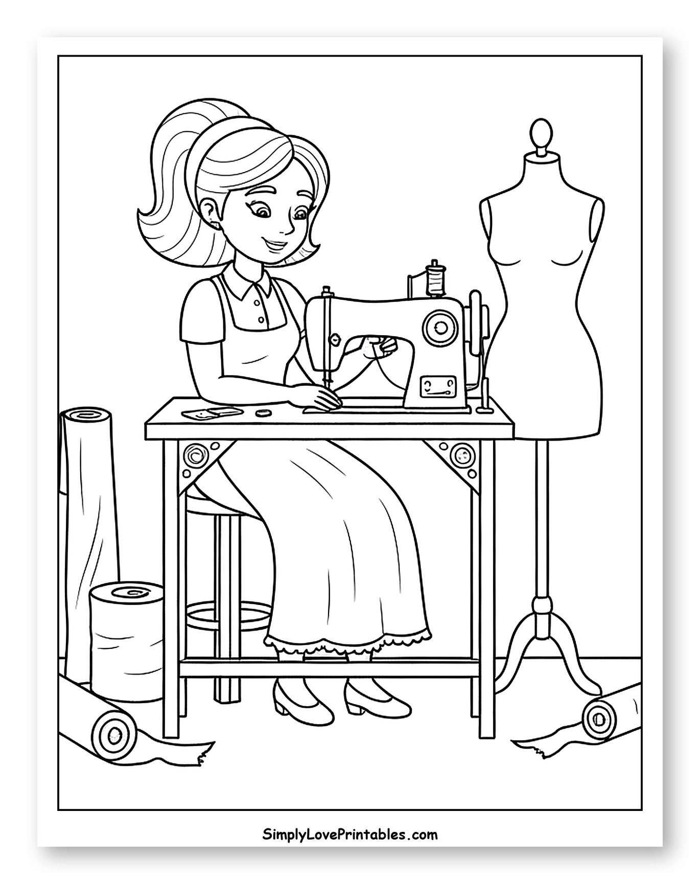 Smiling Seamstress Working at a Sewing Machine to Color for Kids