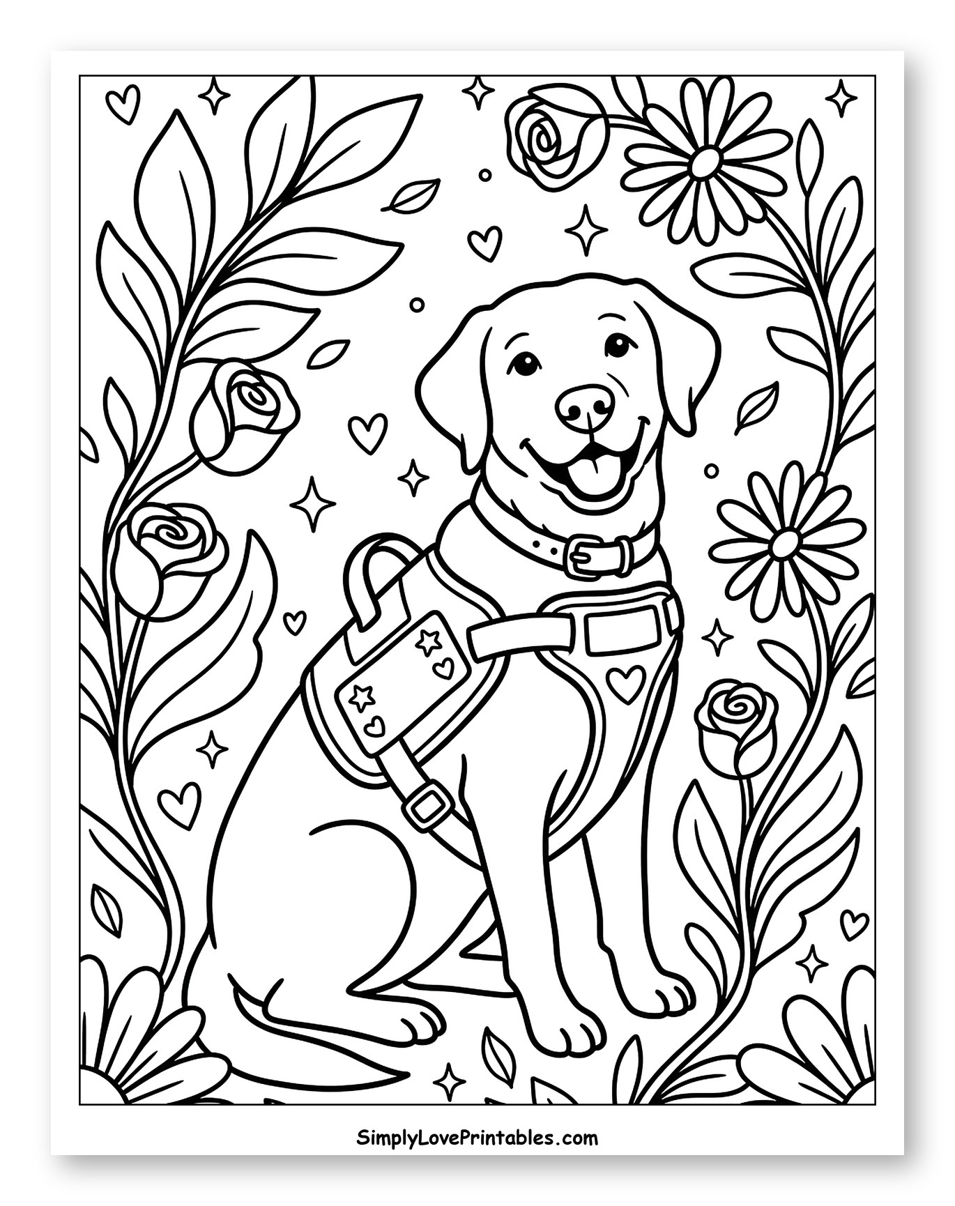 Smiling Service Dog with Flowers and Hearts