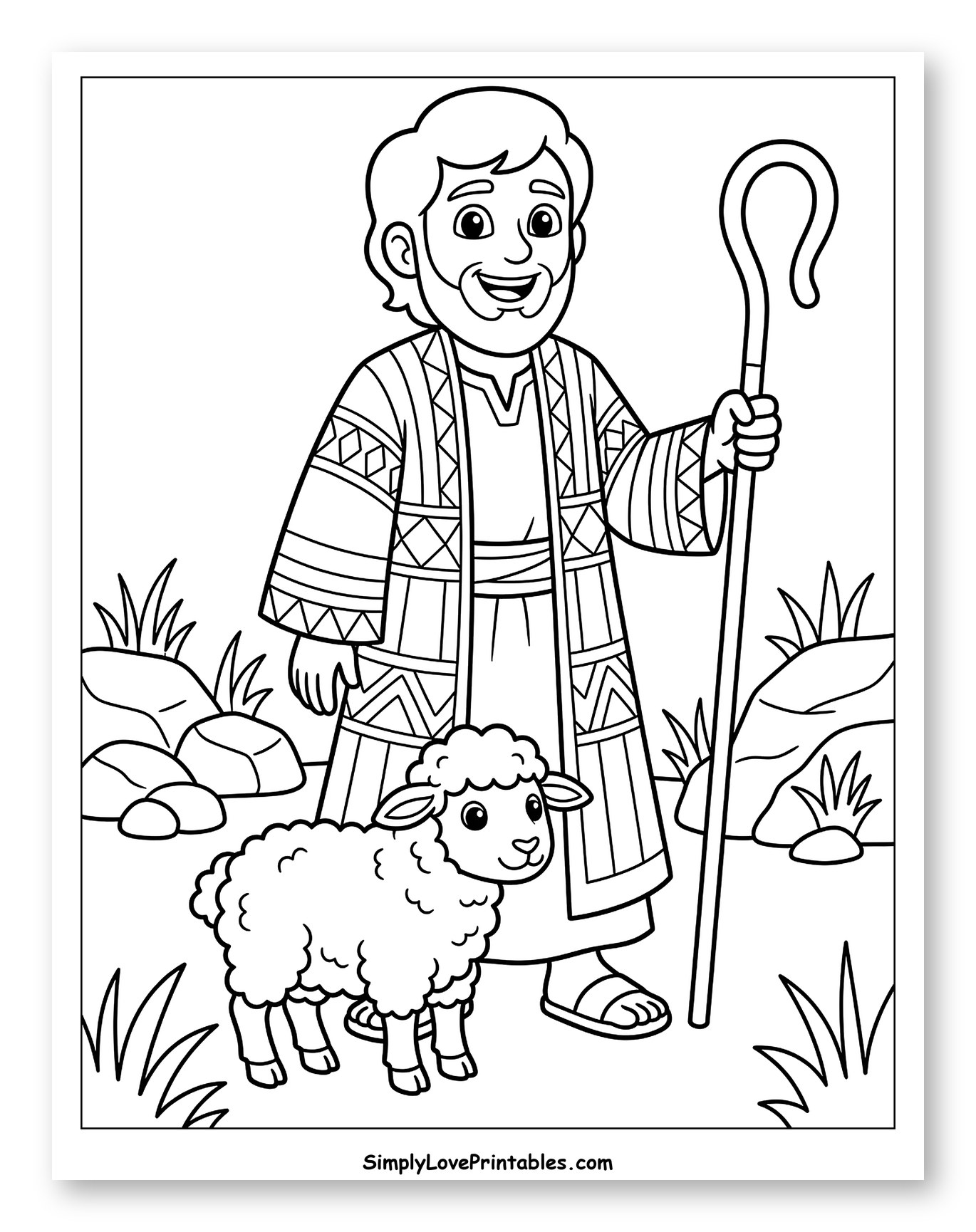 Smiling Shepherd with a Cute Lamb Coloring Page for Kids