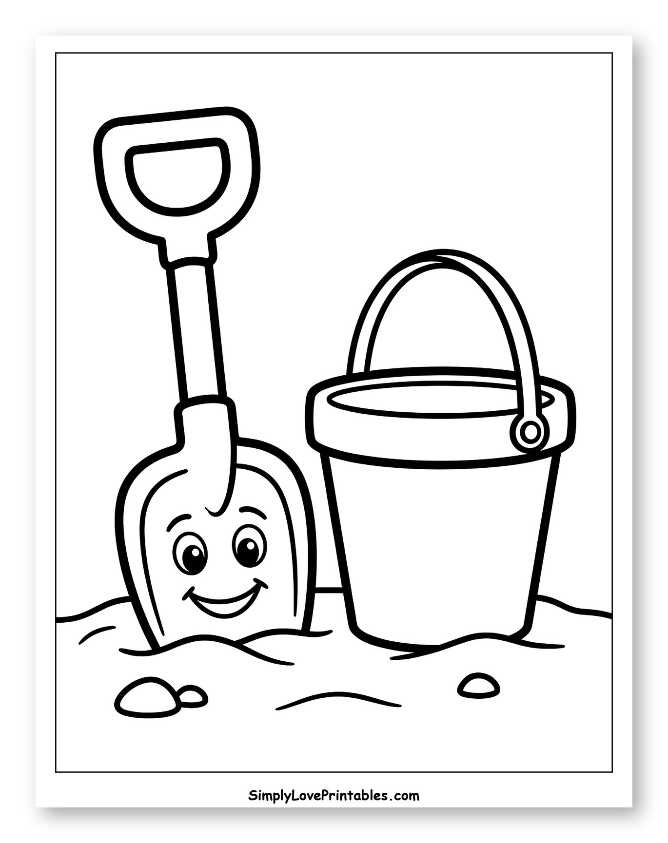 Smiling Shovel and Bucket in the Sand Coloring Sheet for Toddlers