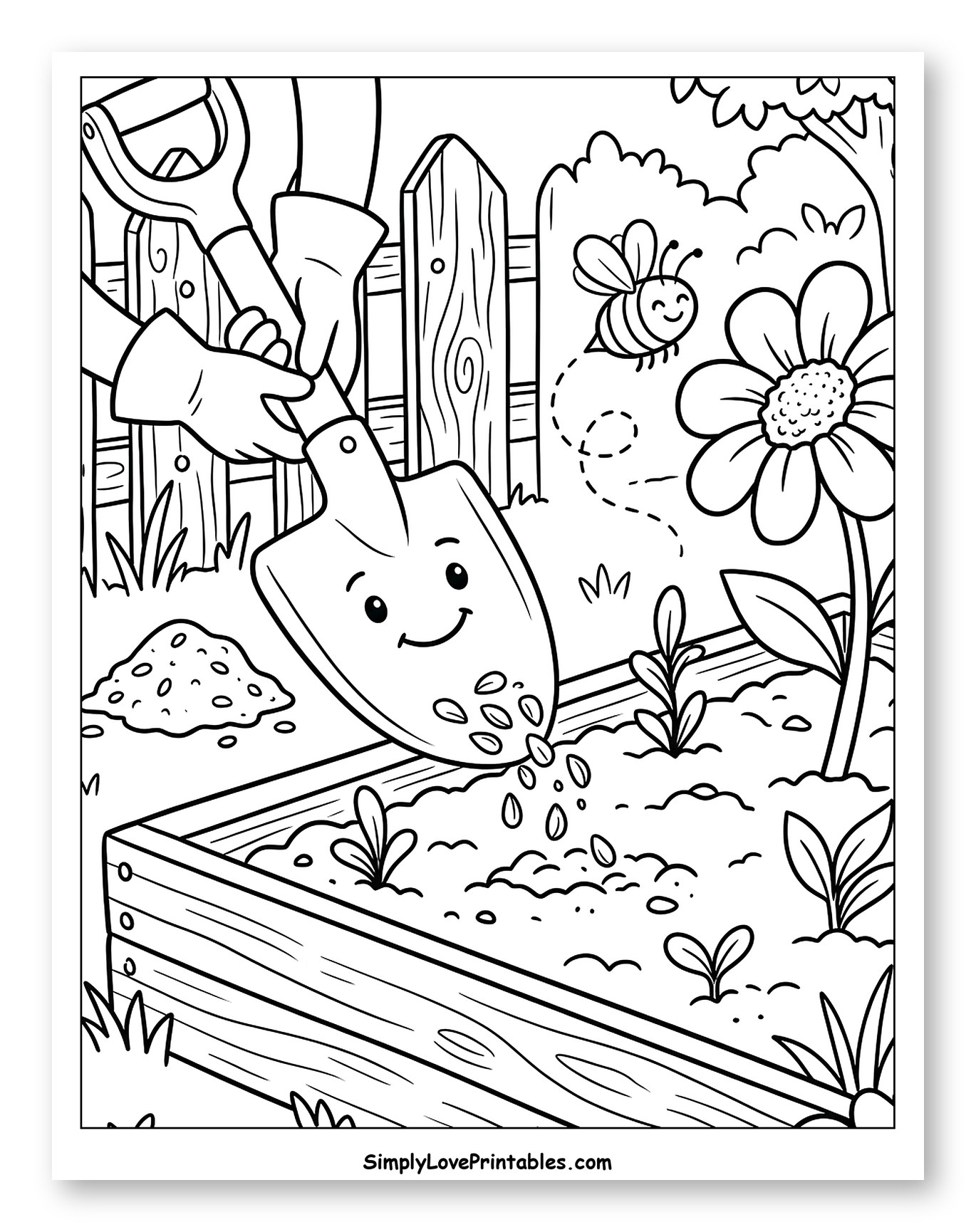 Smiling Shovel Planting Seeds in Garden Bed