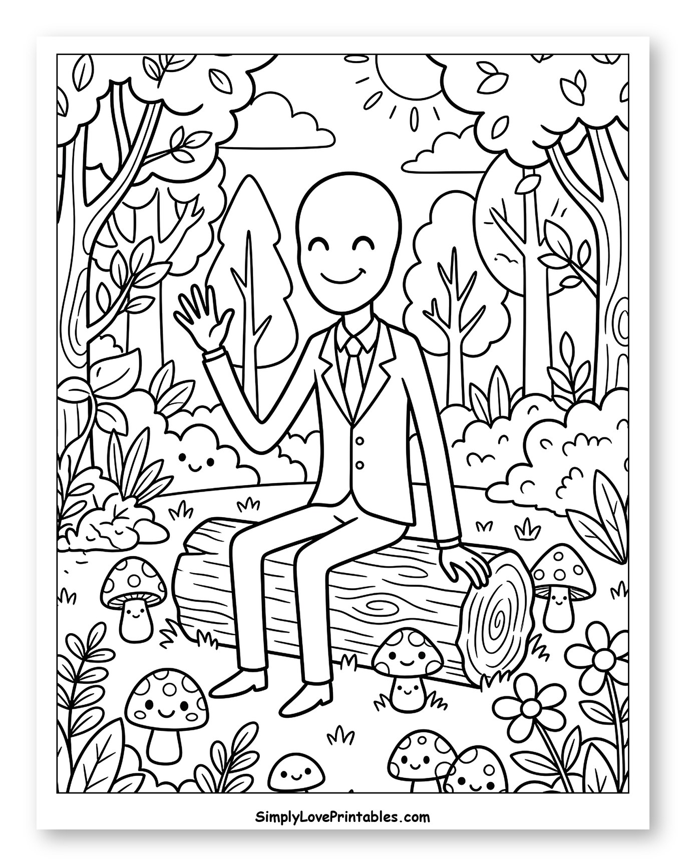 Smiling Slender Man Sitting on a Log Coloring Page for Kids