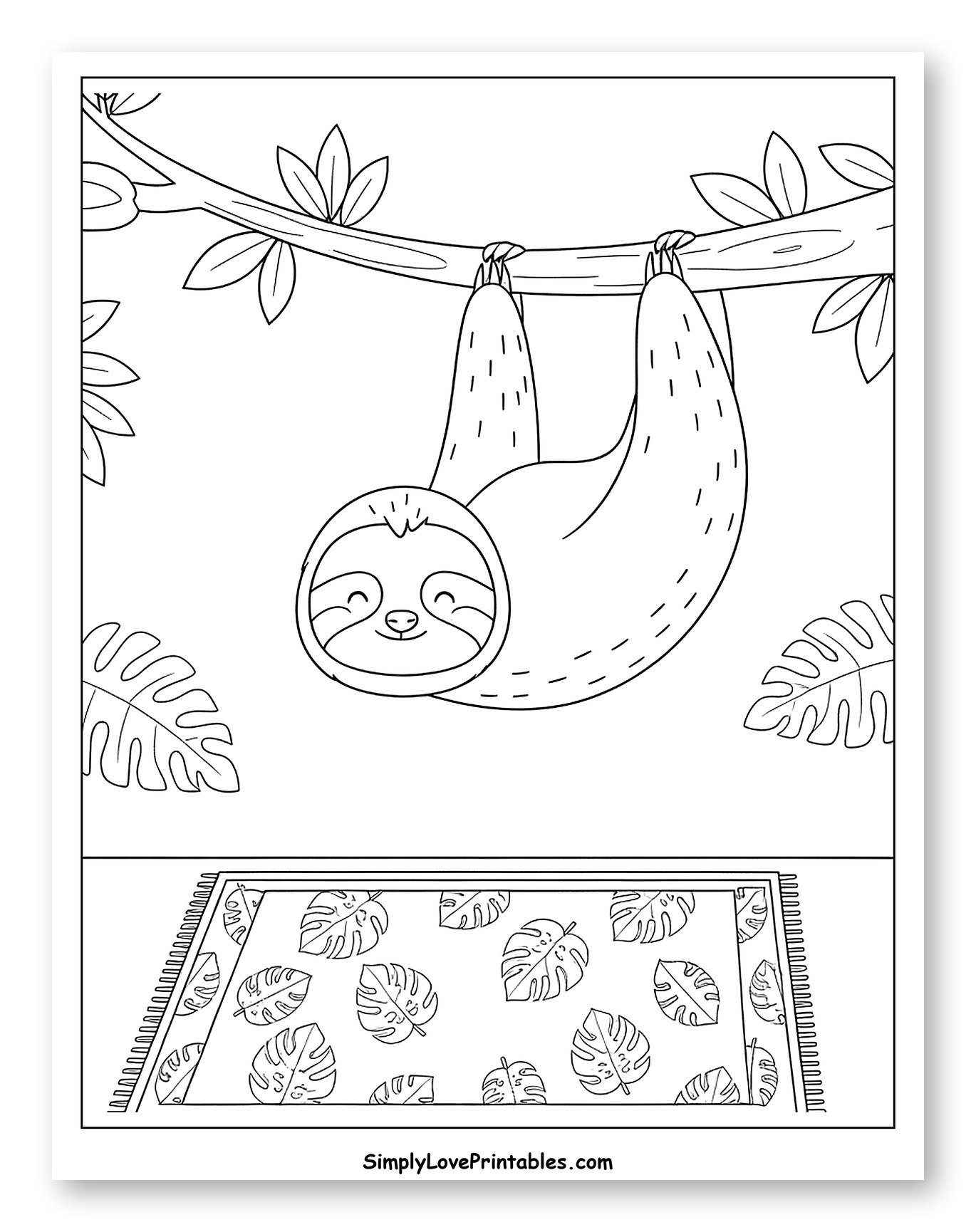 Smiling Sloth and Tropical Leaf Patterned Rug Coloring Sheet for Kids