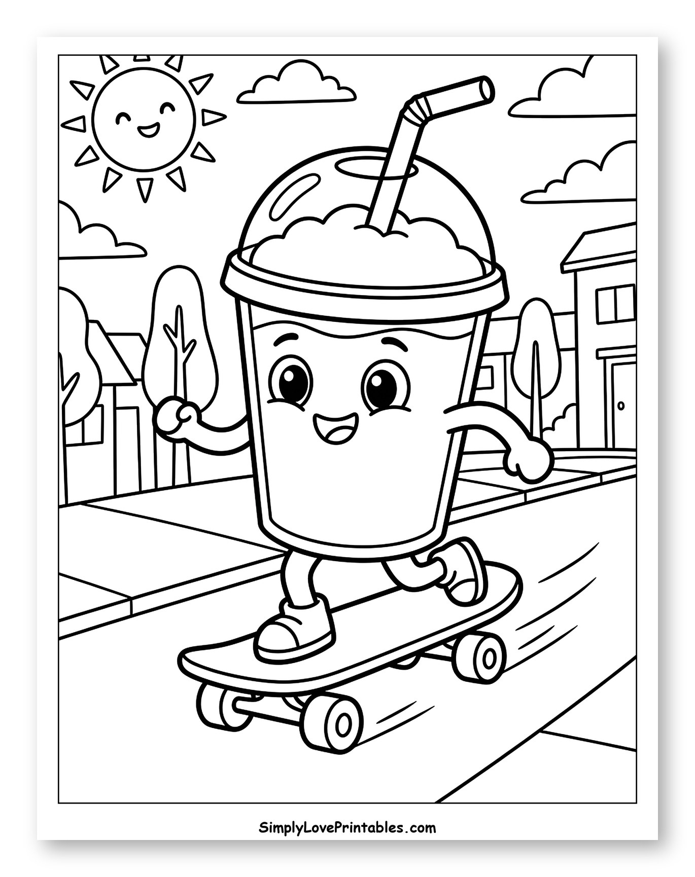 Smiling Slushie on a Skateboard Coloring Sheet for Kids