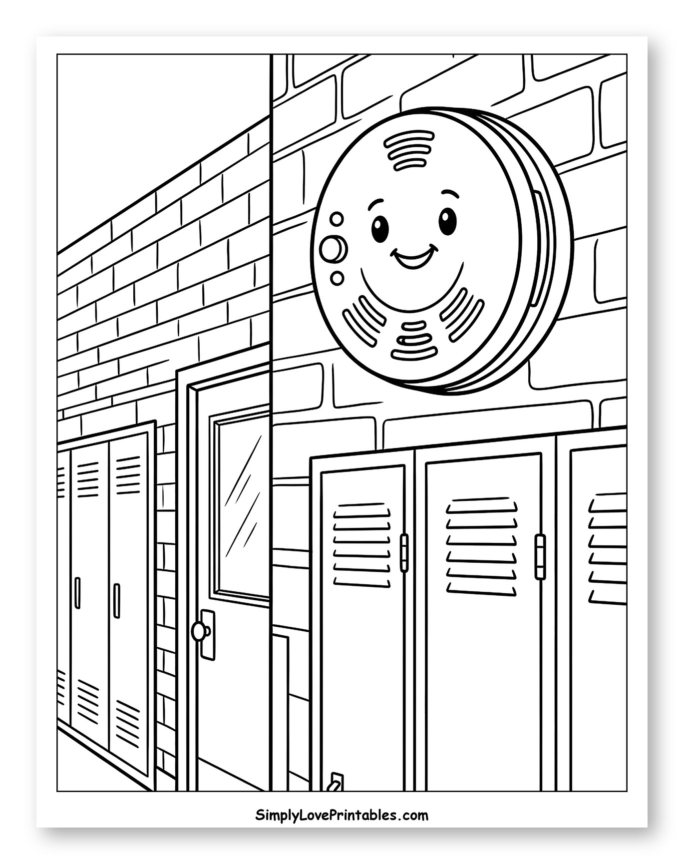 Smiling Smoke Detector in School Hallway to Color for Kids