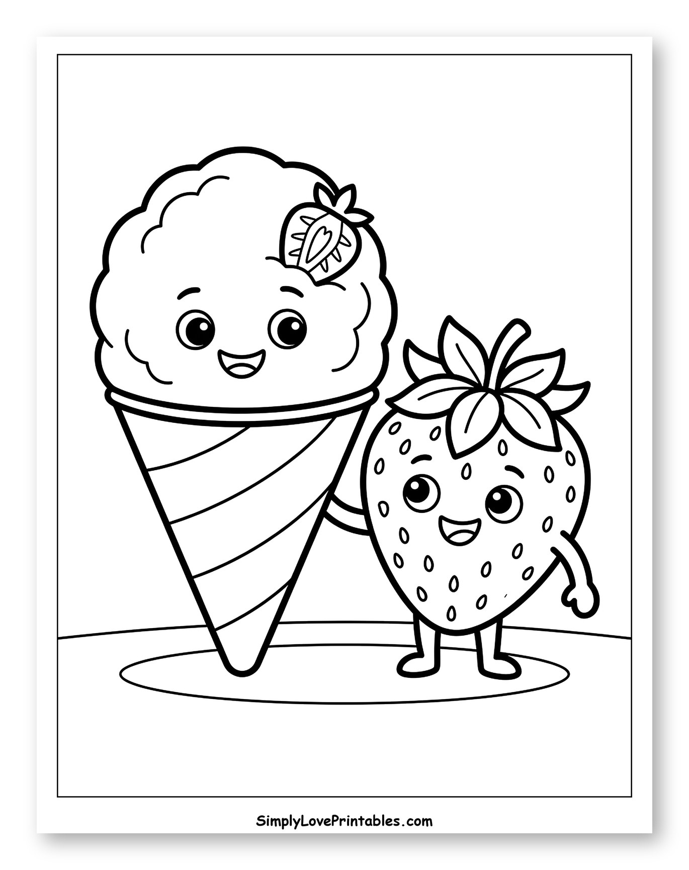 Smiling Snow Cone and Strawberry Friends Coloring Page for Toddlers