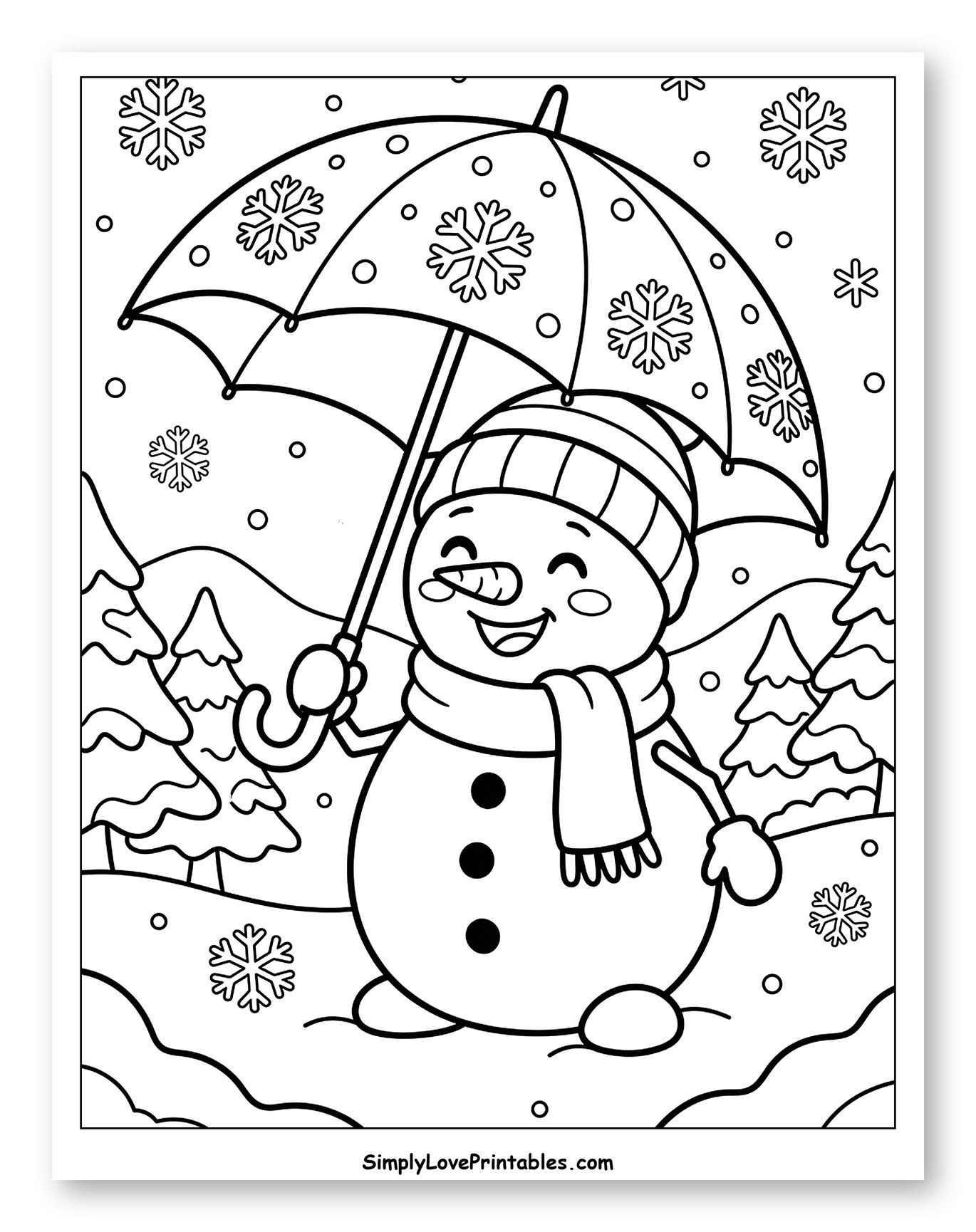 Smiling Snowman Holding a Snowflake Patterned Umbrella Coloring Sheet for Kids