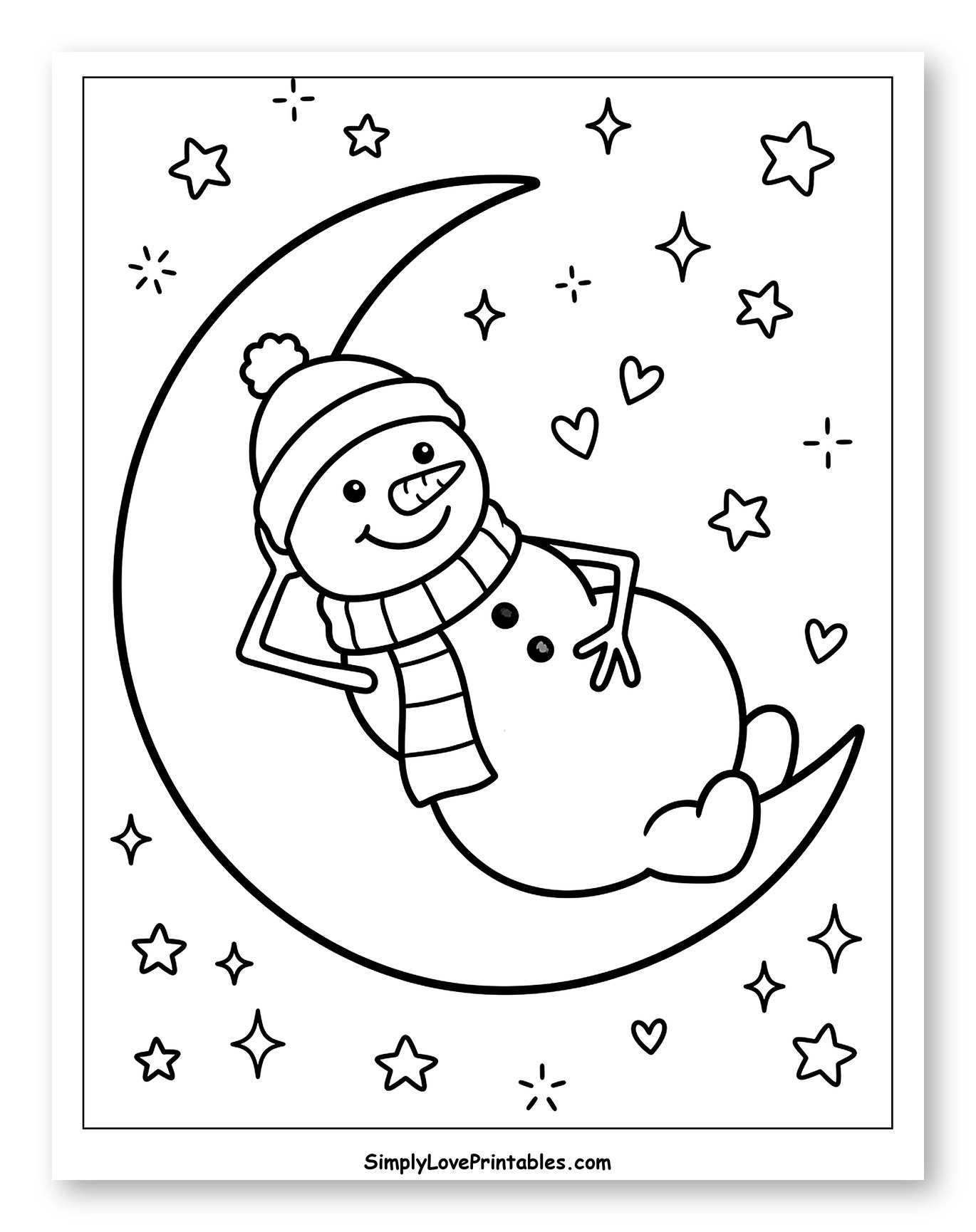 Smiling Snowman Lounging on the Crescent Moon