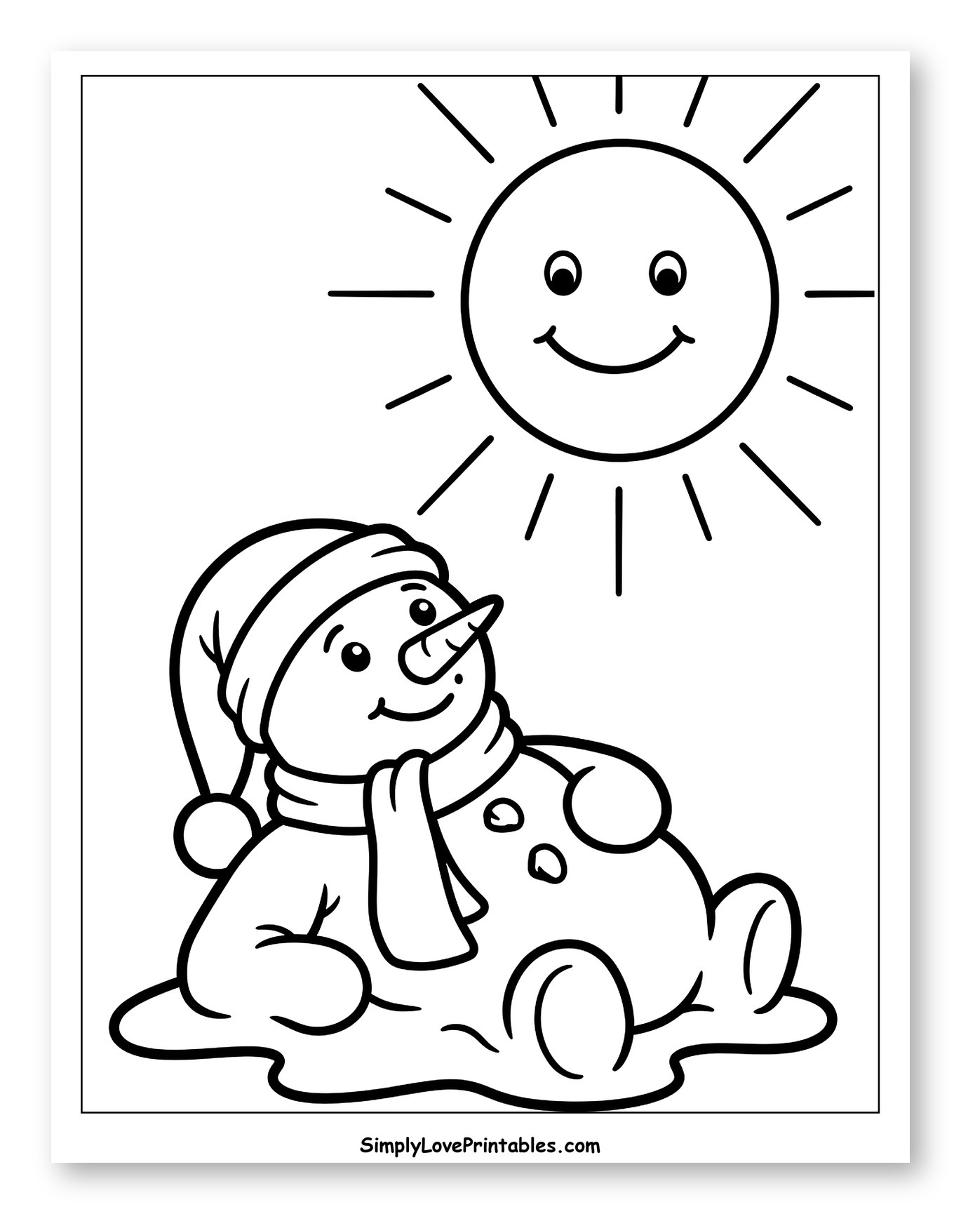 Smiling Snowman Melting in the Sunshine Coloring Page for Toddlers