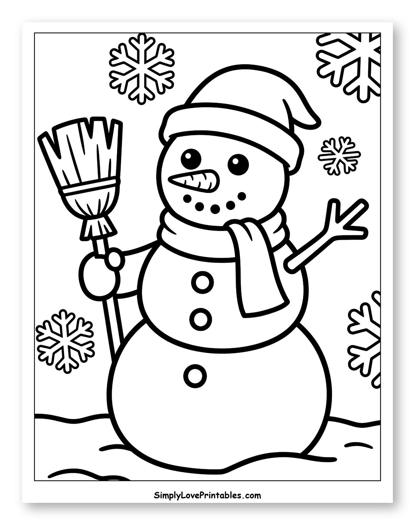 Smiling Snowman with a Broom and Winter Snowflakes