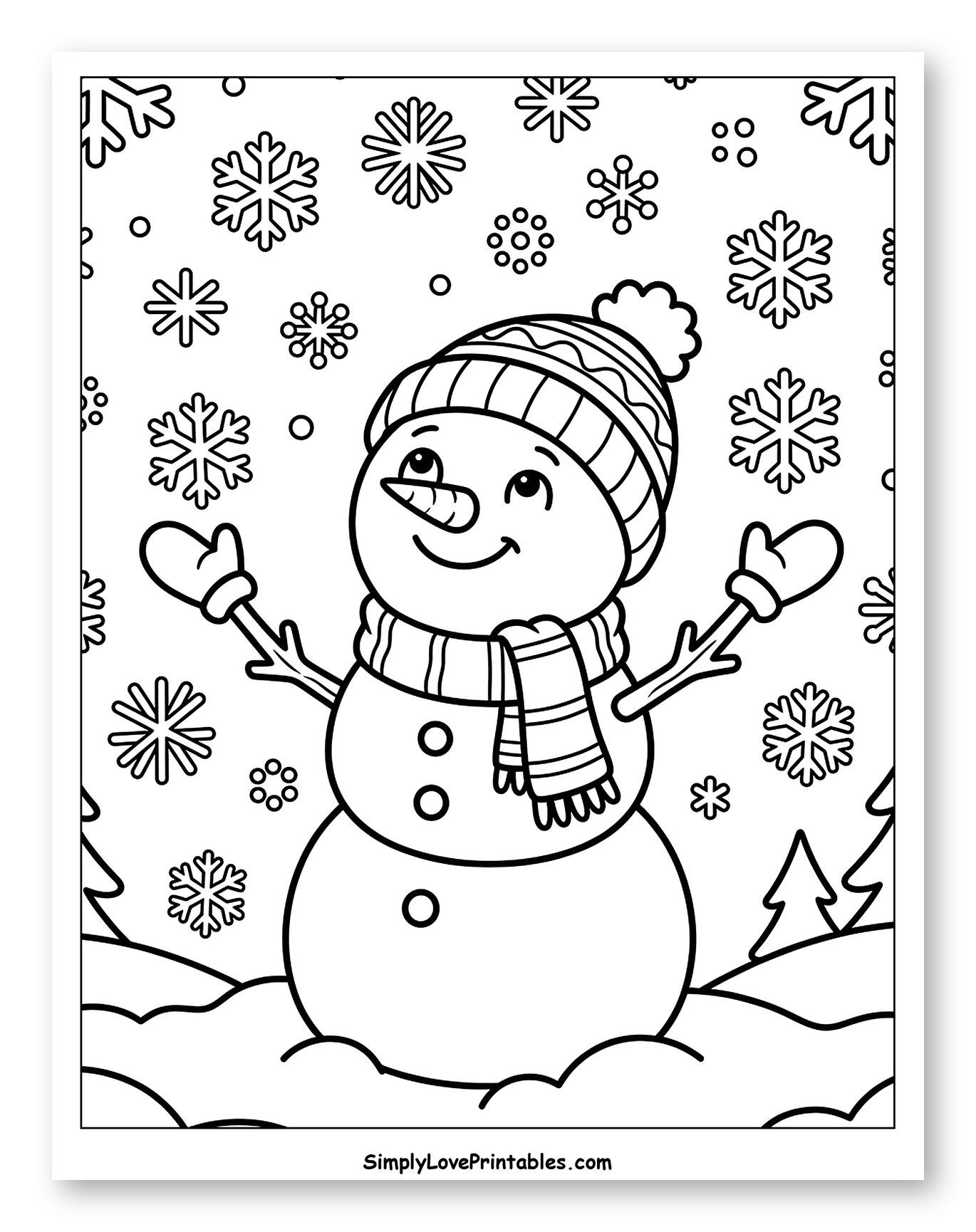 Smiling Snowman with Falling Snowflakes Coloring Page for Kids