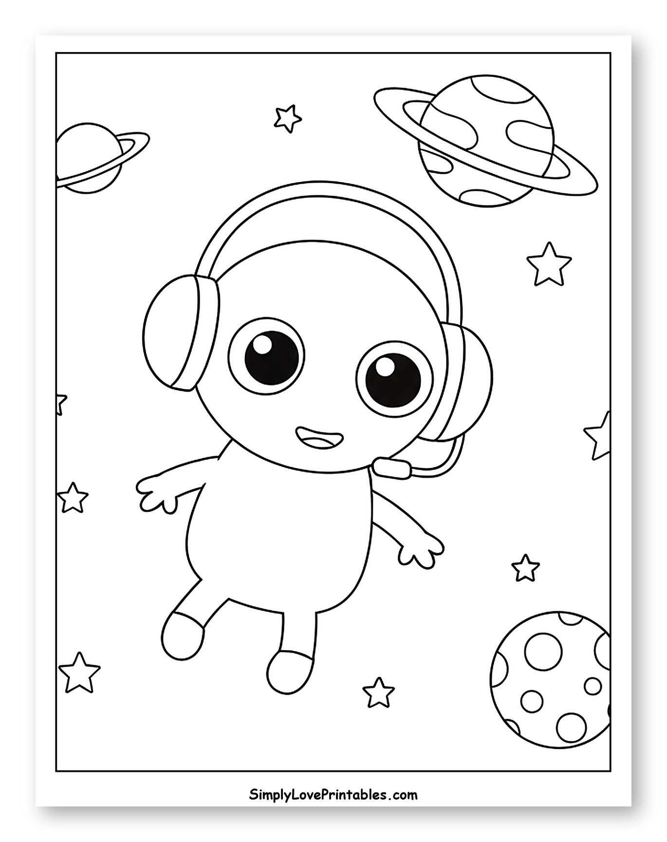 Smiling Space Character Wearing Headphones Amidst Stars Coloring Page for Kids