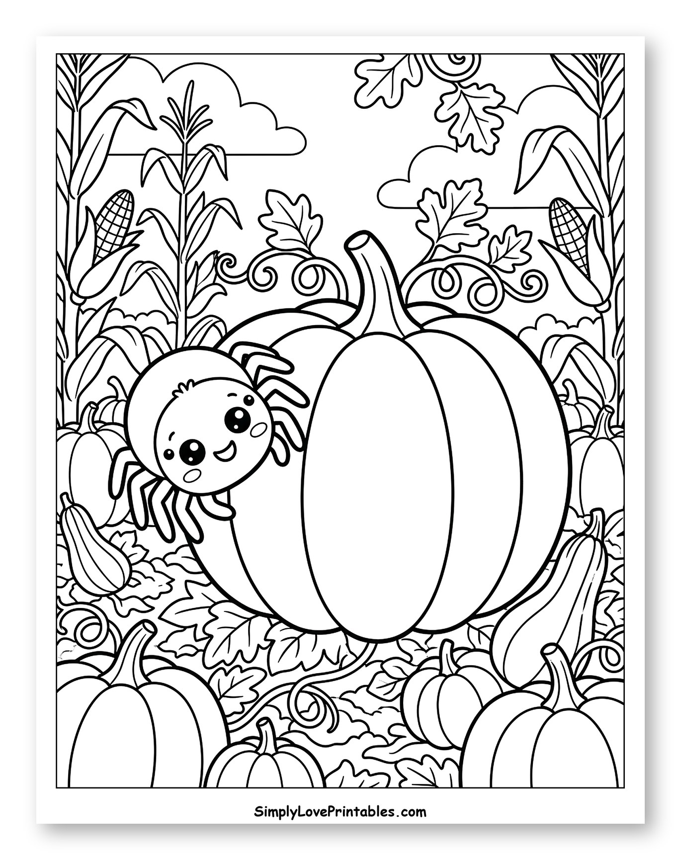 Smiling Spider on Pumpkin with Autumn Harvest