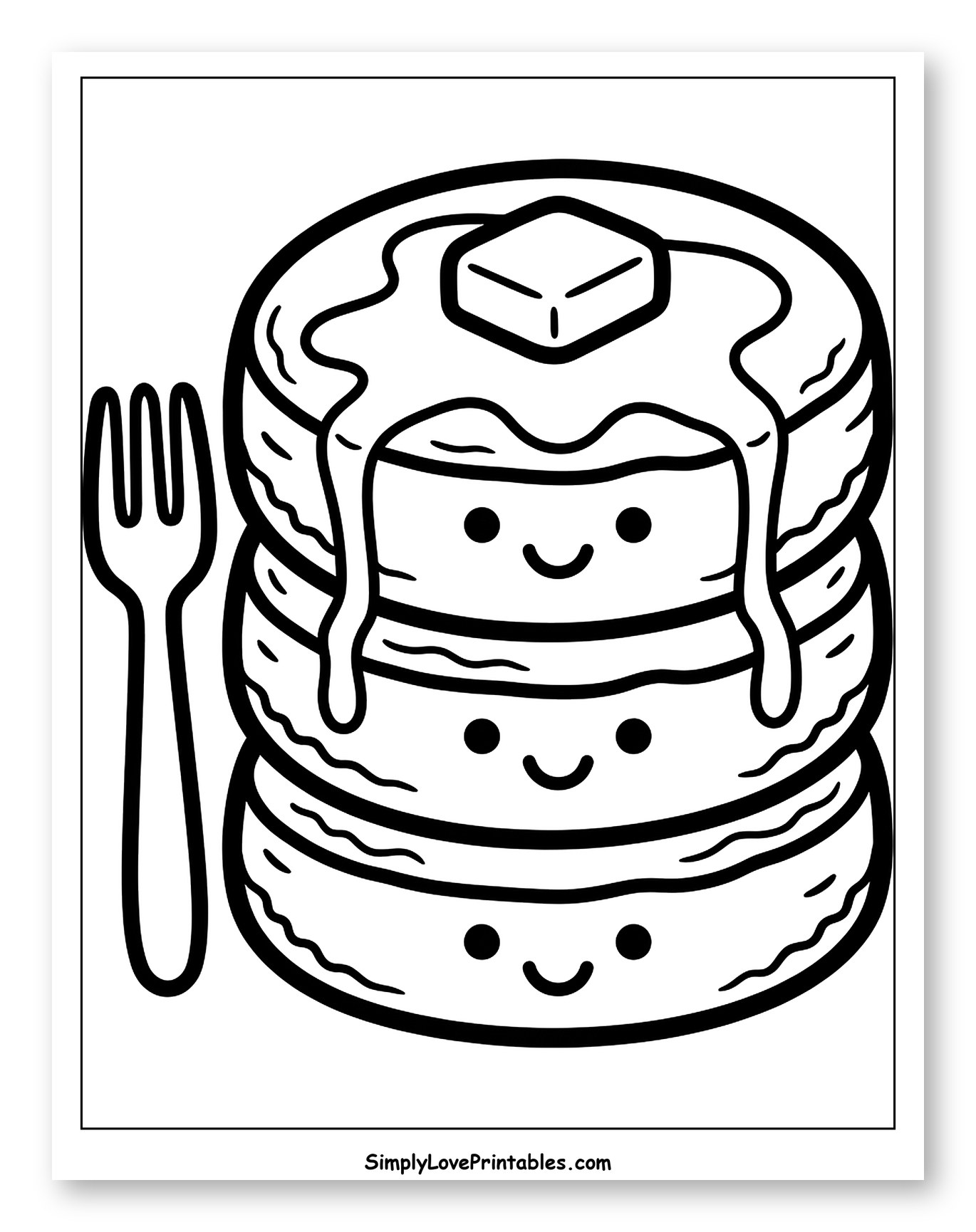 Smiling Stack of Pancakes with Syrup and Butter Coloring Sheet for Toddlers