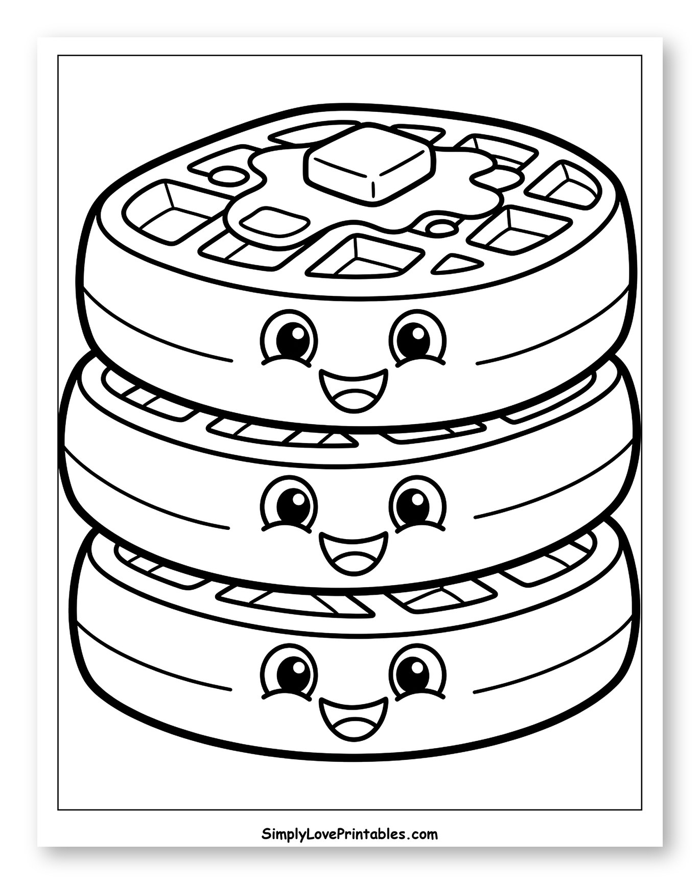 Smiling Stack of Waffles with Syrup and Butter