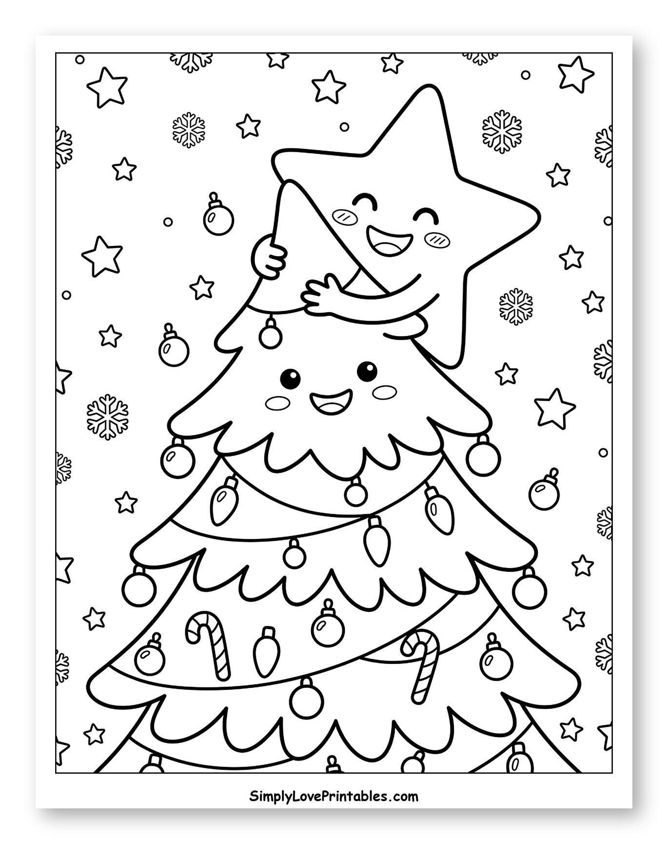 Smiling Star Hugging a Friendly Christmas Tree Coloring Page for Kids