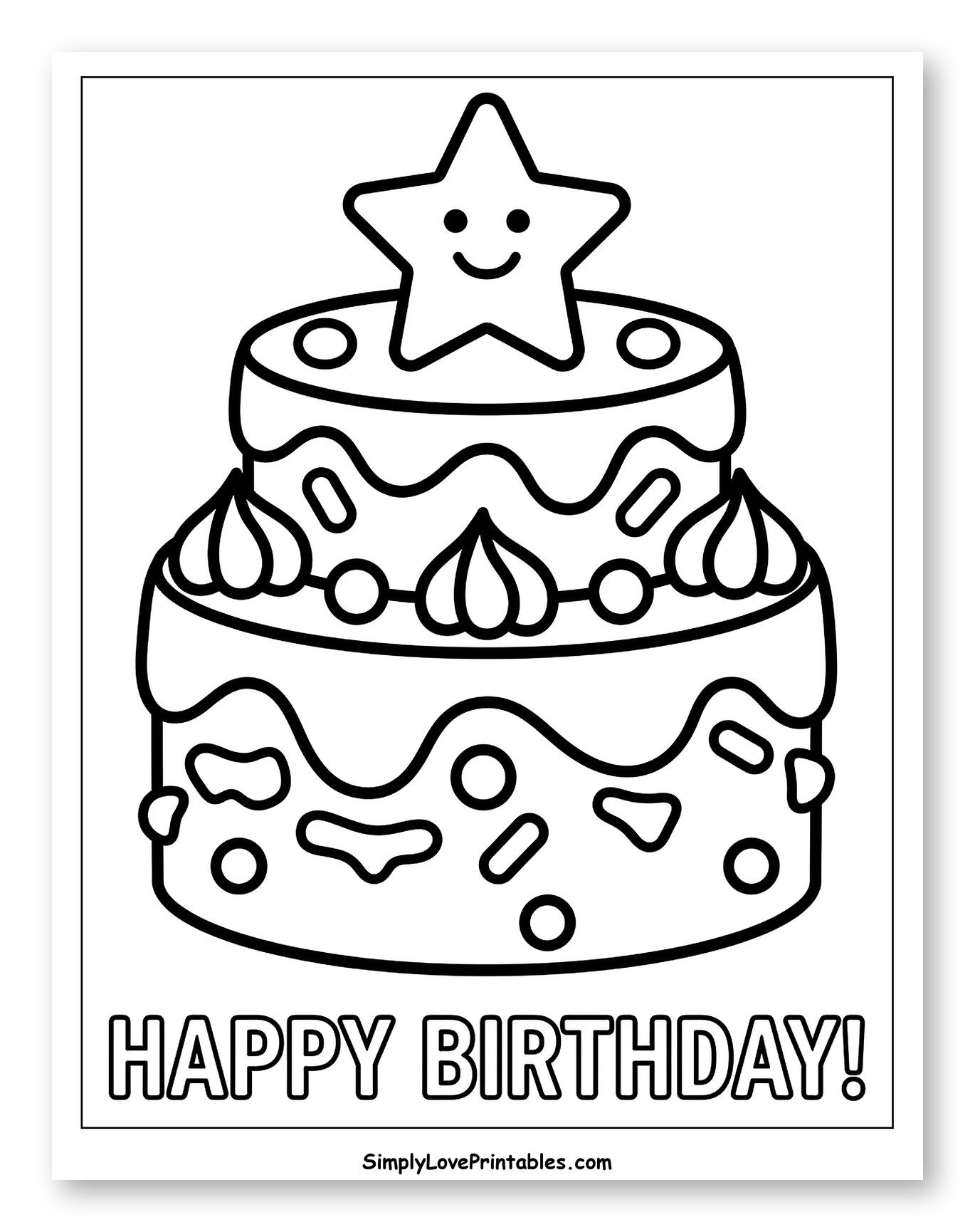Smiling Star on a Layered Birthday Cake to Color for Toddlers