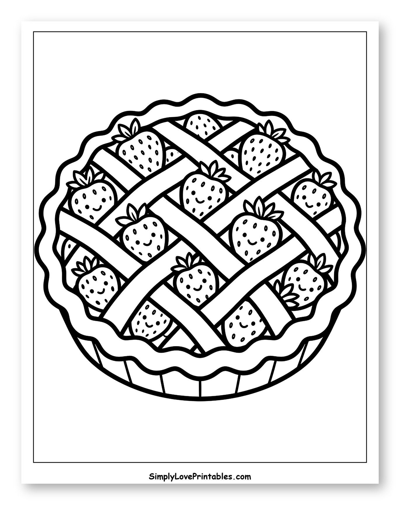 Smiling Strawberries in a Lattice Pie Coloring Page for Toddlers