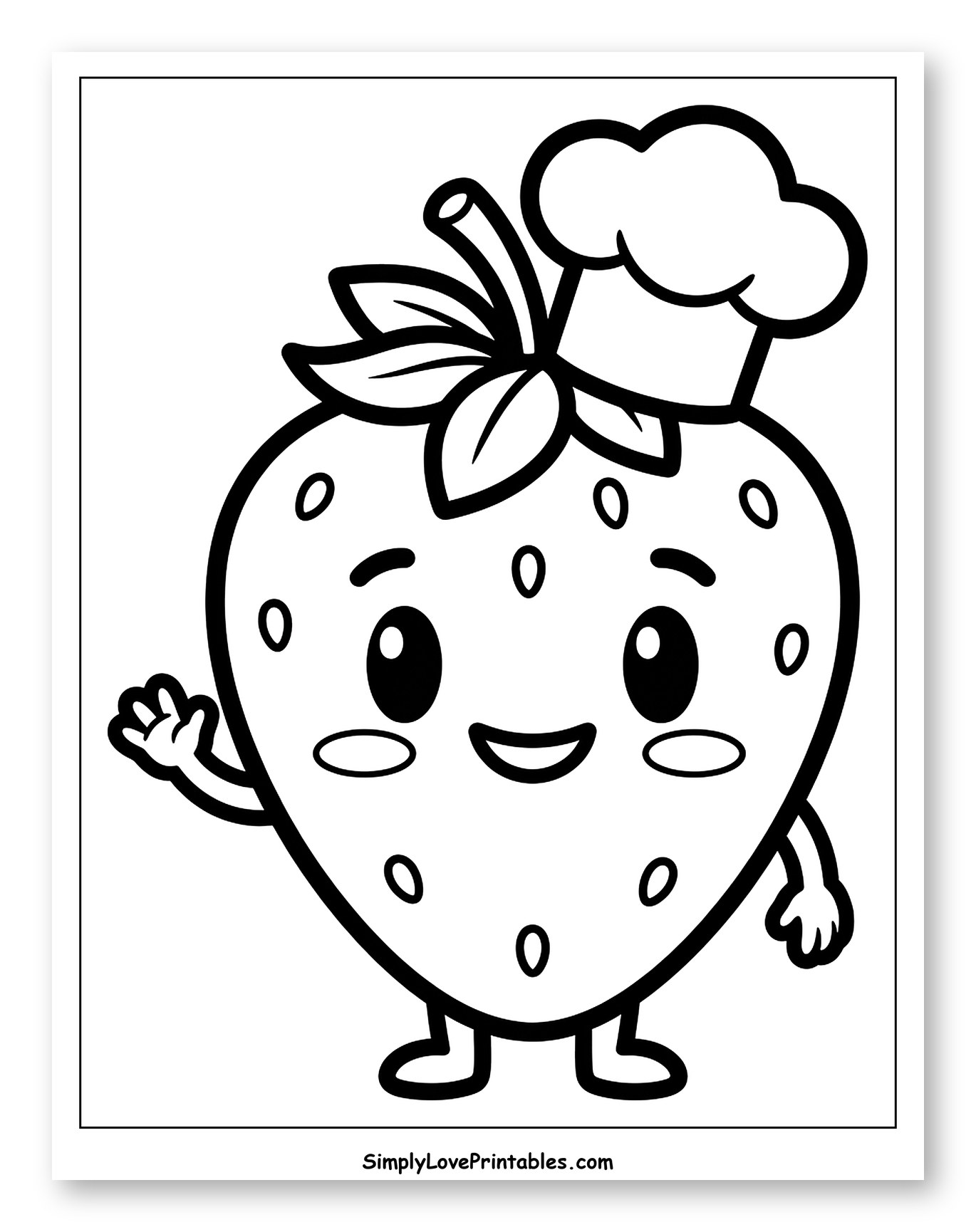 Smiling Strawberry Chef Waving Coloring Sheet for Toddlers