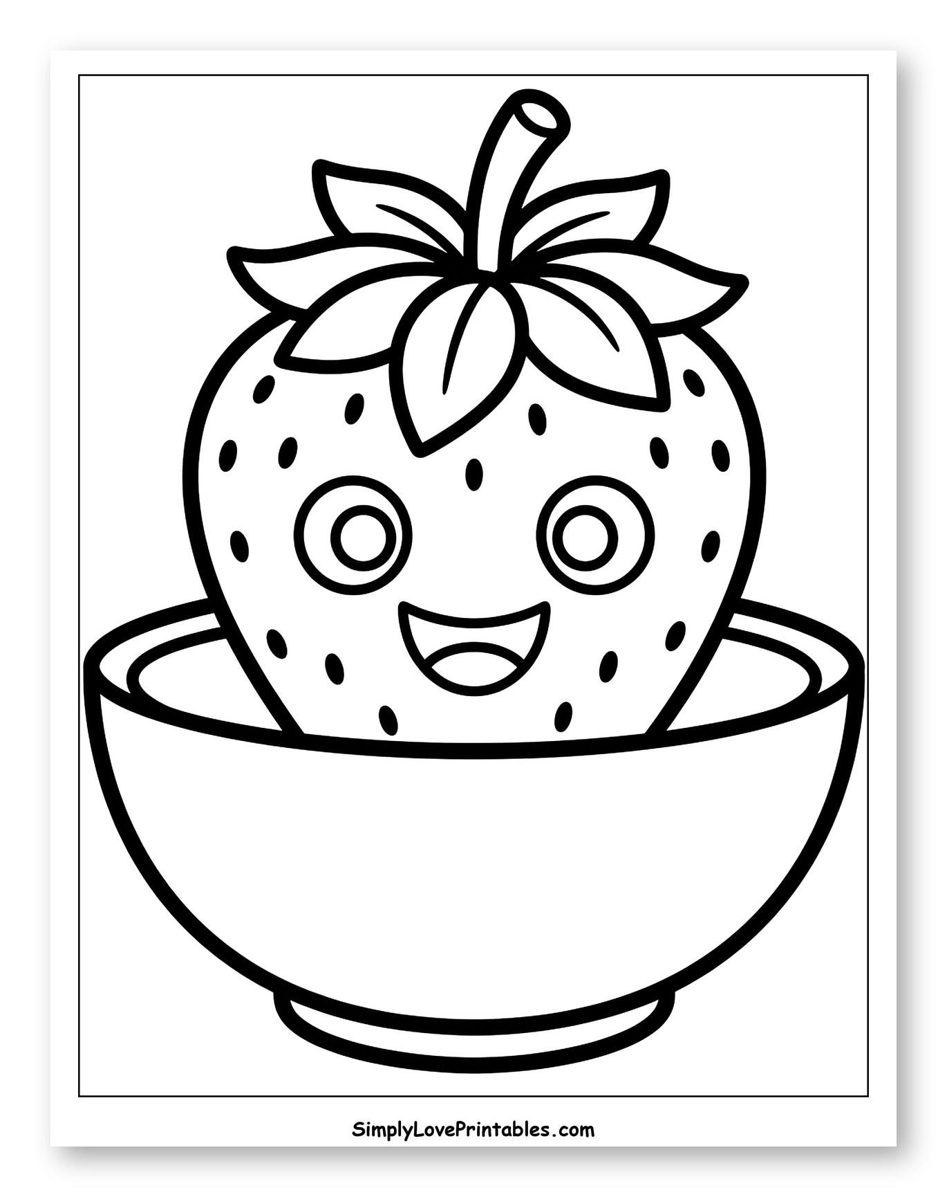 Smiling Strawberry in a Small Bowl to Color for Toddlers