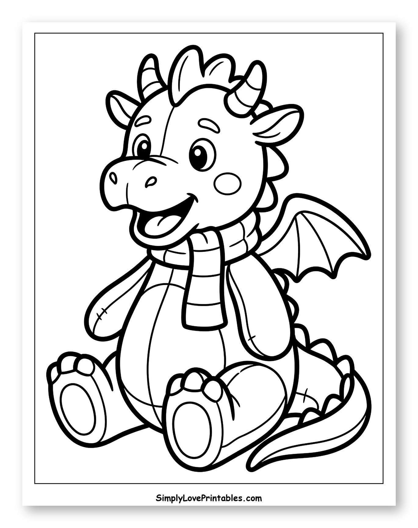 Smiling Stuffed Dragon with Scarf Coloring Sheet for Toddlers