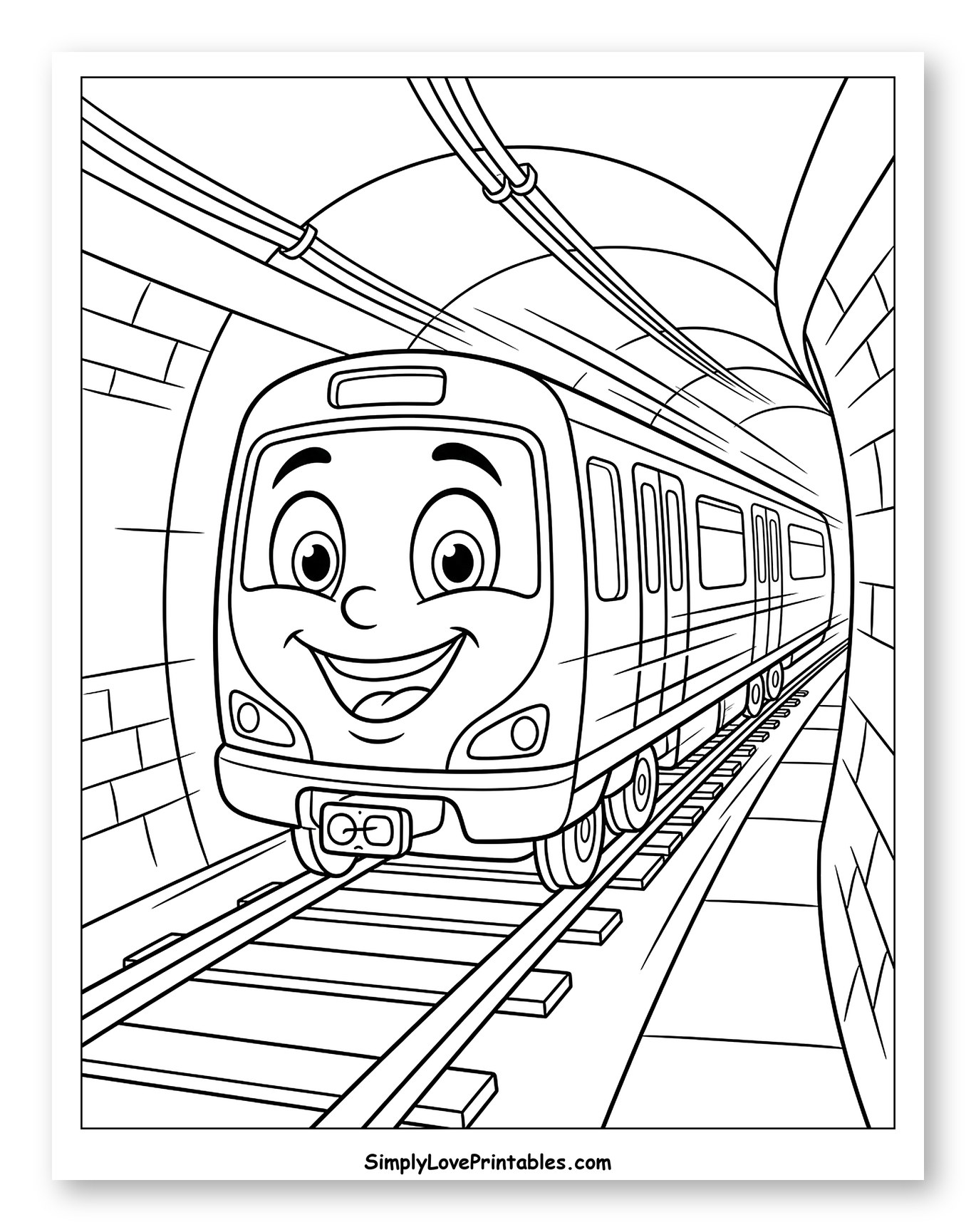 Smiling Subway Train in a Tunnel Coloring Page for Kids