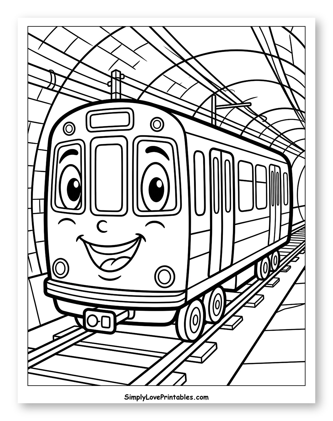 Smiling Subway Train Traveling Through Tunnel Coloring Sheet for Toddlers
