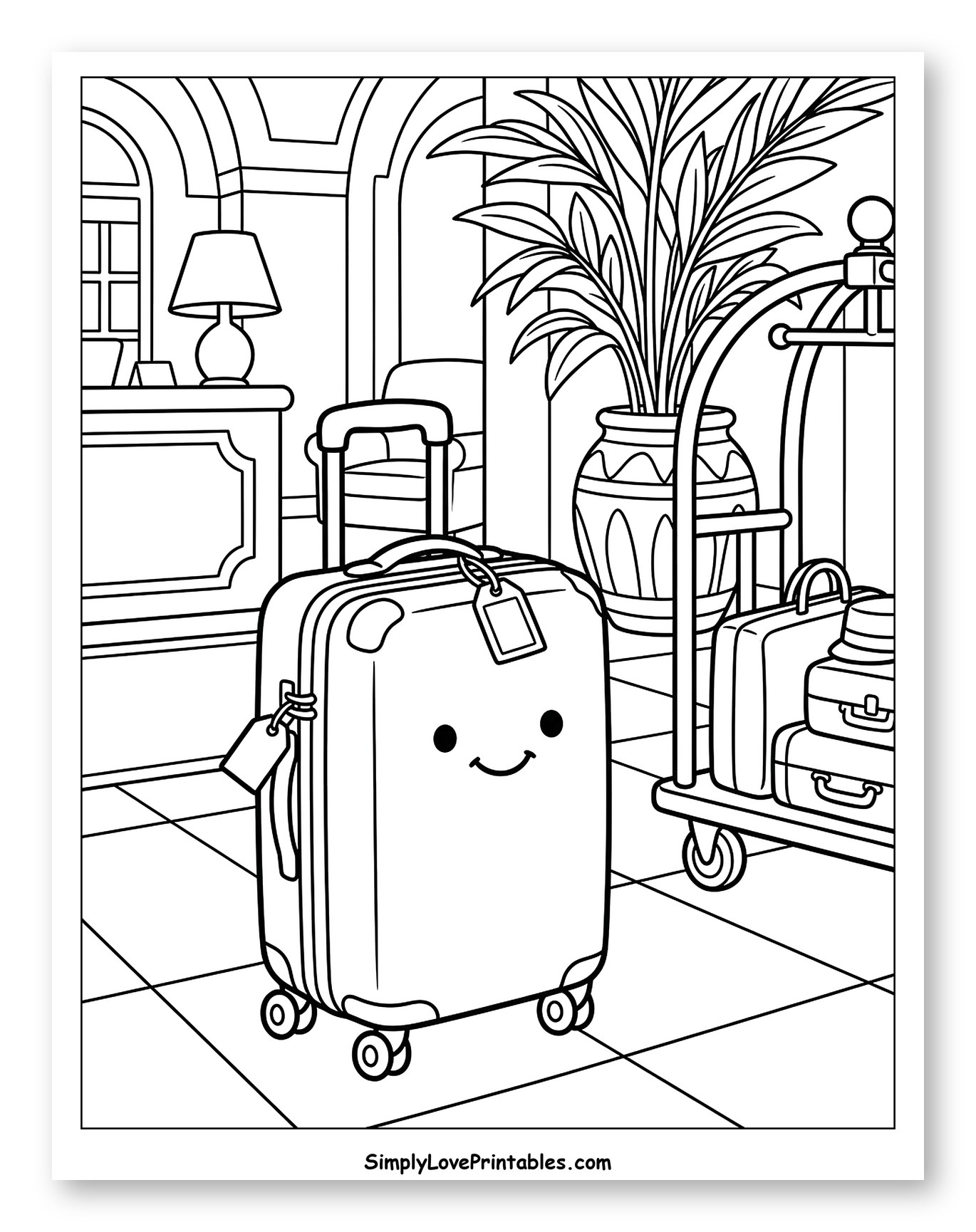 Smiling Suitcase at Hotel Reception Coloring Sheet for Kids