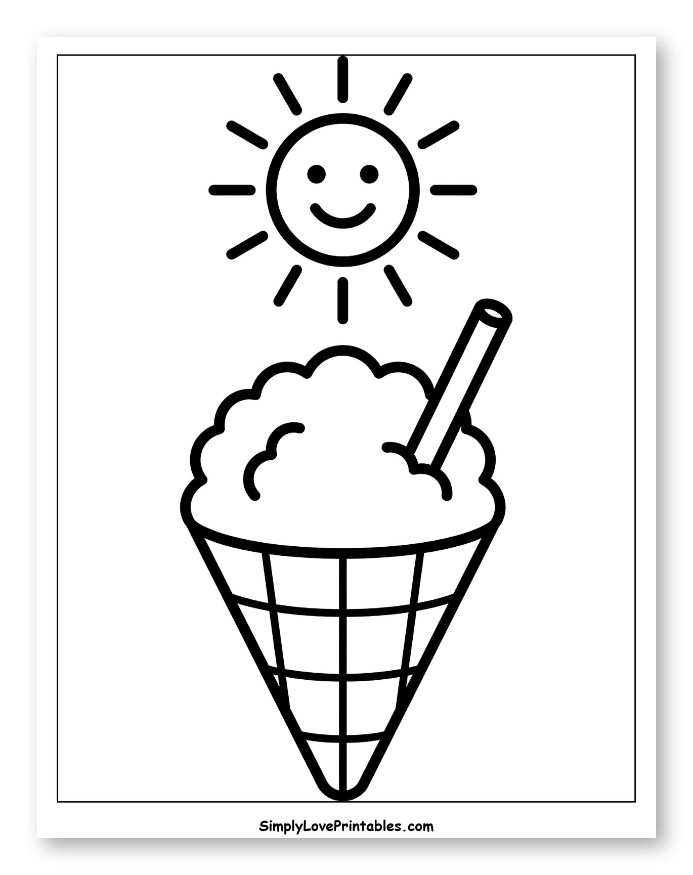 Smiling Sun Above Snow Cone with Straw to Color for Toddlers