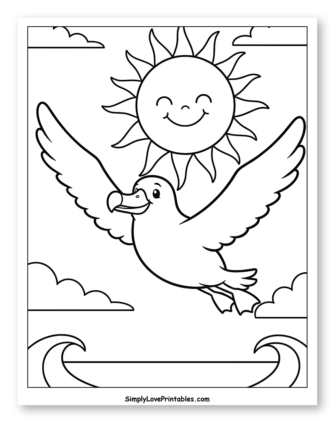 Smiling Sun and Albatross Over Ocean Coloring Sheet for Toddlers