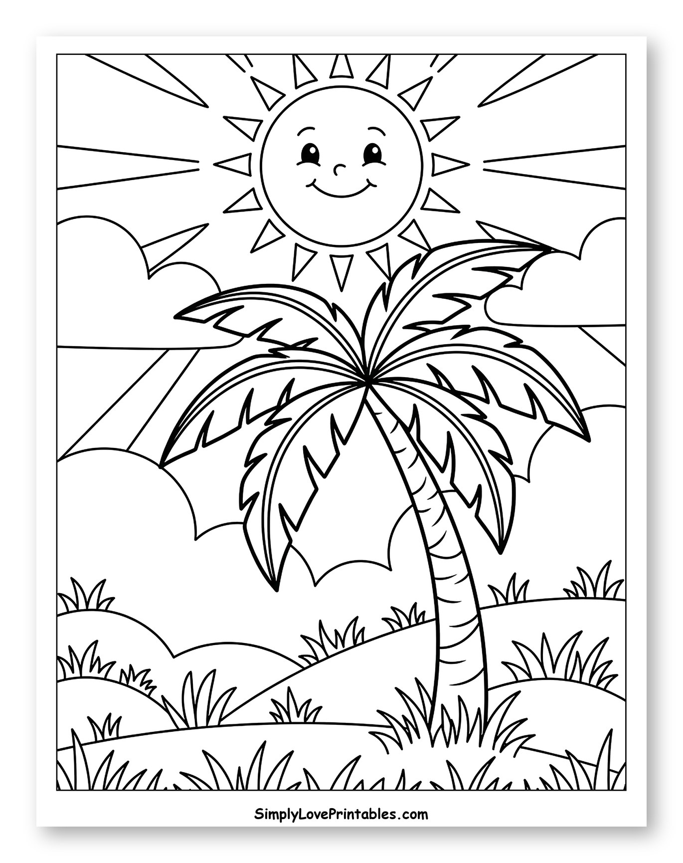 Smiling Sun Over a Palm Tree and Grassy Hills to Color for Kids