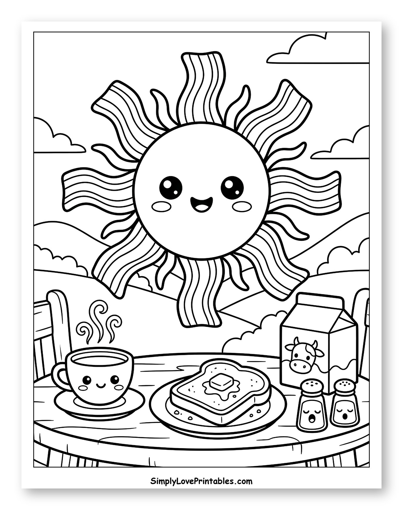 Smiling Sun Over Breakfast Table to Color for Kids