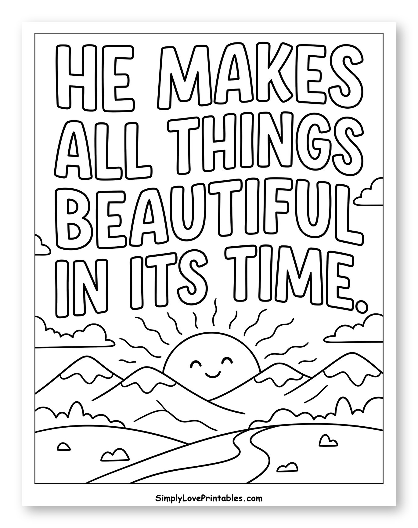 Smiling Sun Over Mountains Bible Verse Coloring Sheet for Kids