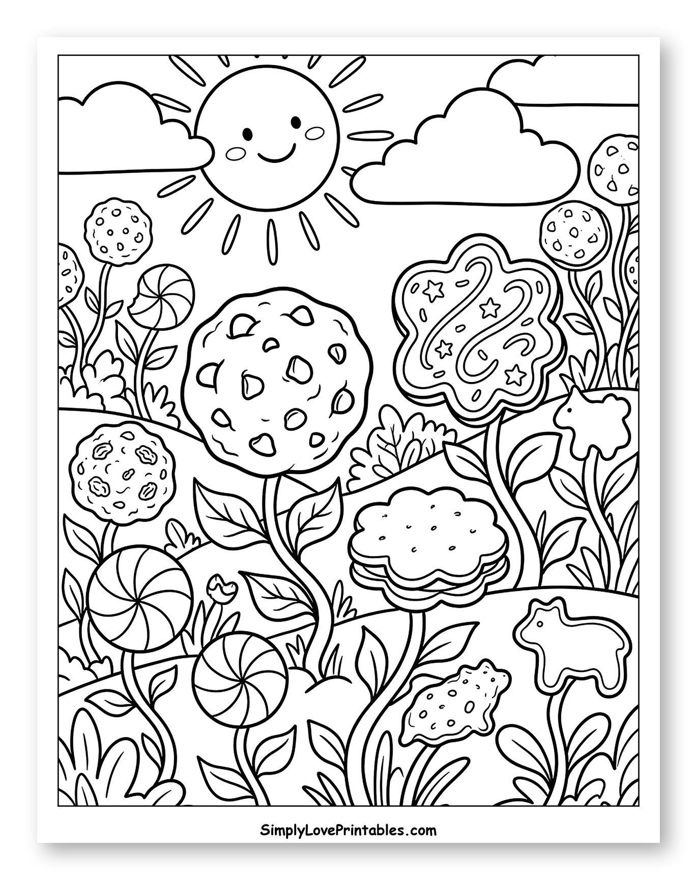 Smiling Sun Shines on a Cookie Wonderland to Color for Kids
