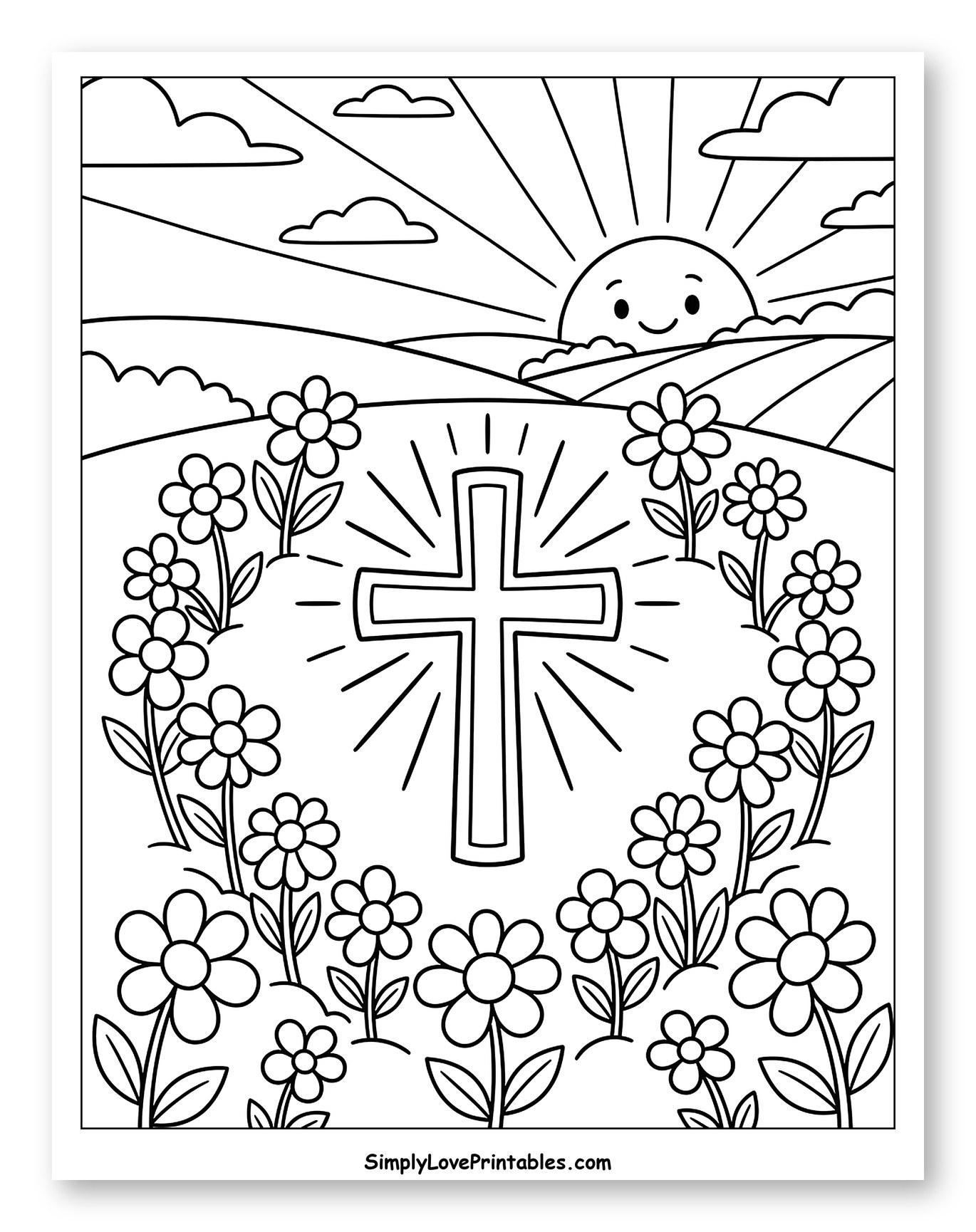 Smiling Sun with Cross and Spring Flowers Coloring Page for Kids